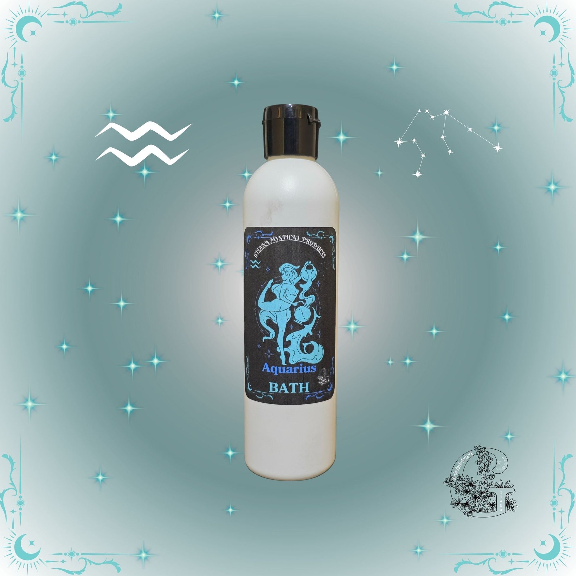 Aquarius Zodiac Aromatic Bath Soak – innovative and refreshing handcrafted soak with aqua-blue background.