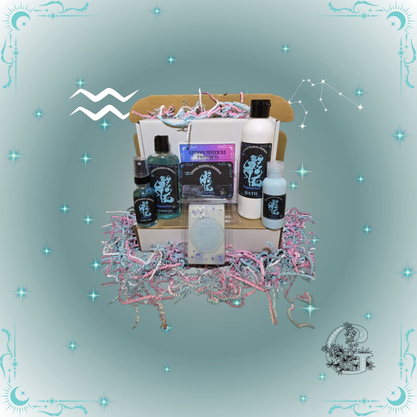 Aquarius Zodiac Full Gift Set – refreshing handcrafted collection featuring bath, soap, lotion, shower gel, and perfume in aqua-blue hues symbolizing creativity and flow.