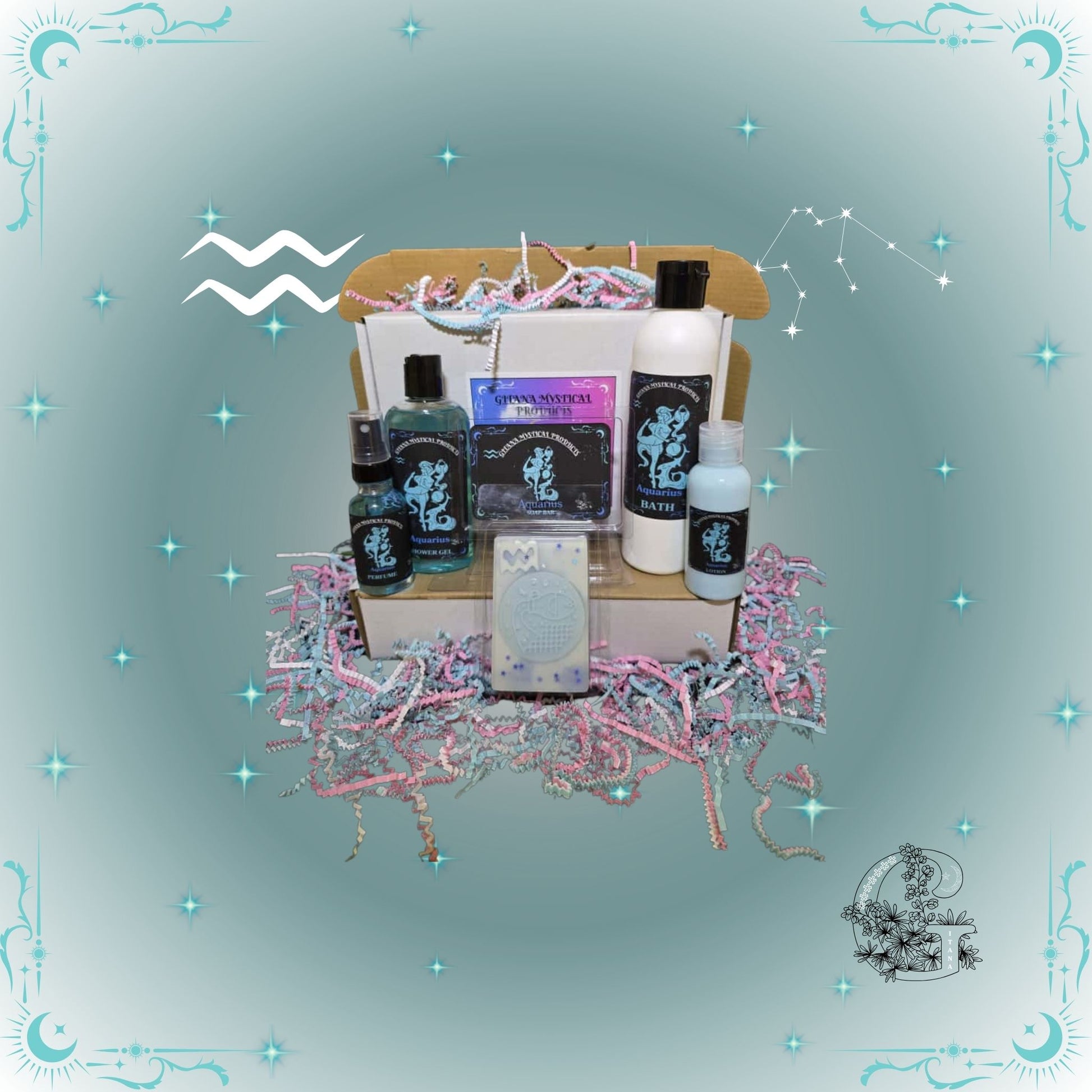 Aquarius Zodiac Full Gift Set – refreshing handcrafted collection featuring bath, soap, lotion, shower gel, and perfume in aqua-blue hues symbolizing creativity and flow.