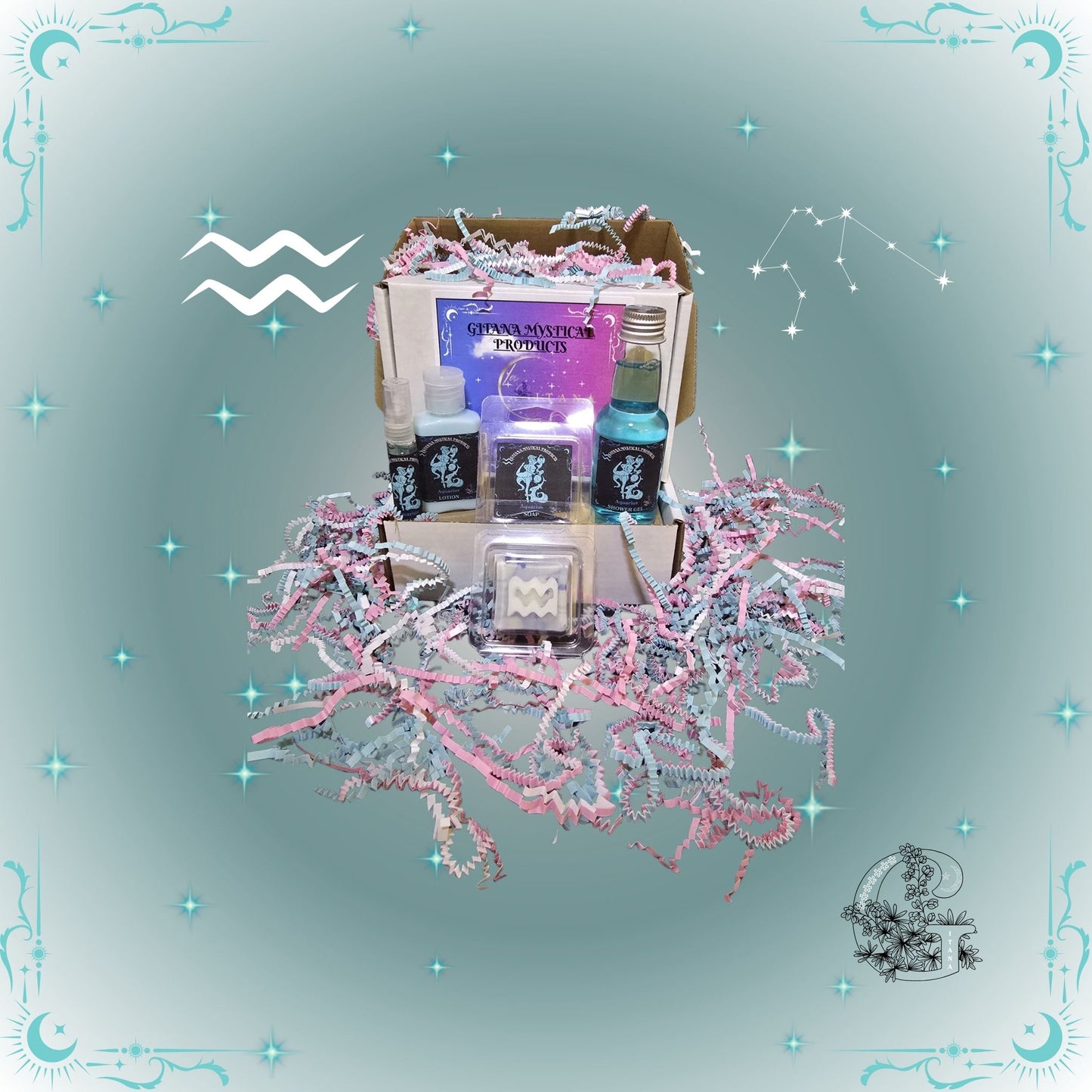 Aquarius Zodiac Mini Gift Set – refreshing handcrafted collection featuring mini bath, soap, lotion, and perfume in aqua-blue tones symbolizing innovation and flow.