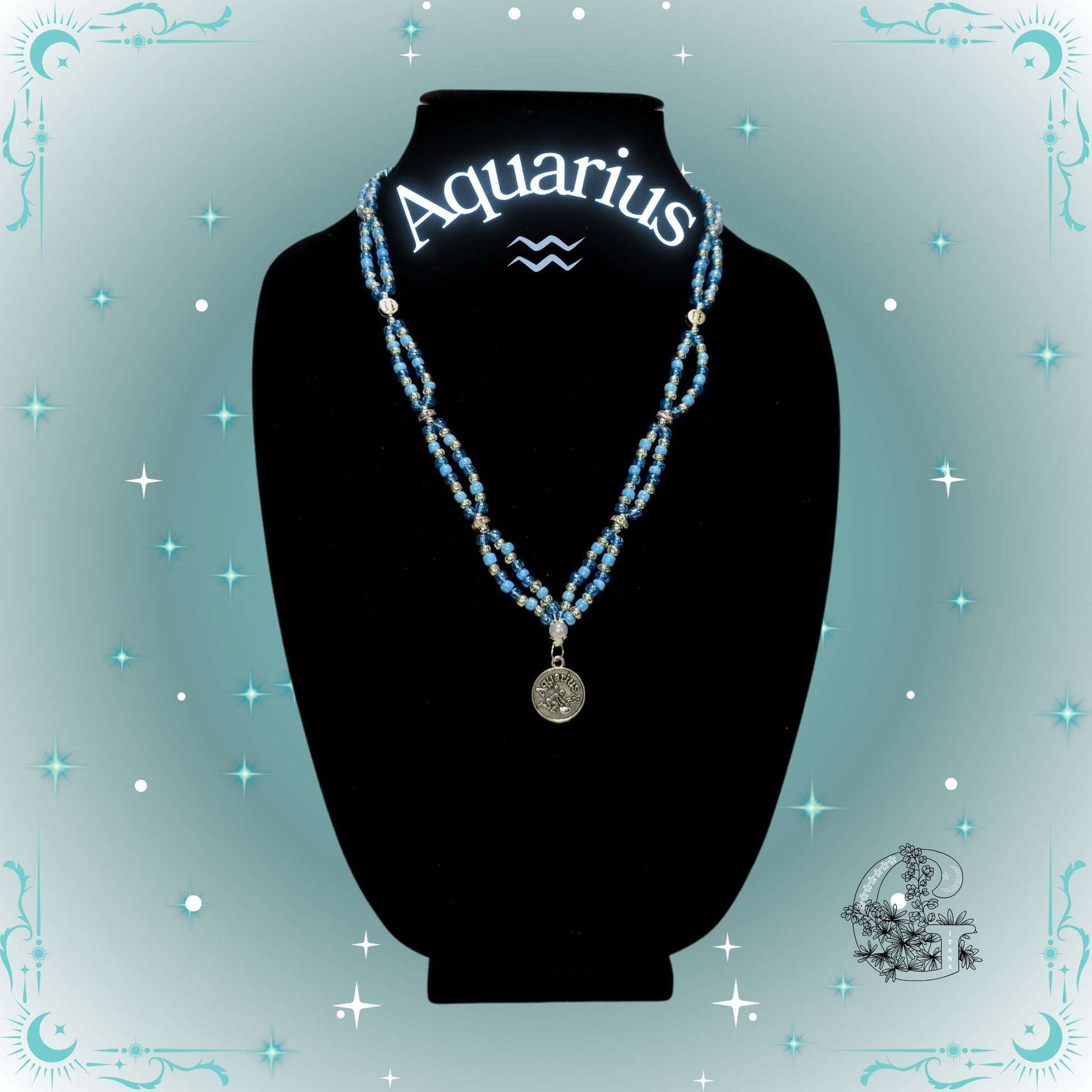 Aquarius Zodiac Necklace – handcrafted beaded necklace in aqua-blue tones featuring the Aquarius symbol, representing originality and inspiration.