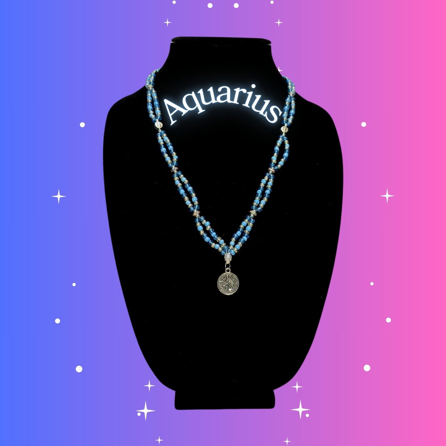 Aquarius Zodiac Necklace – handmade blue and silver beaded necklace with silver-tone Aquarius pendant, crafted by Gitana Mystical Products.