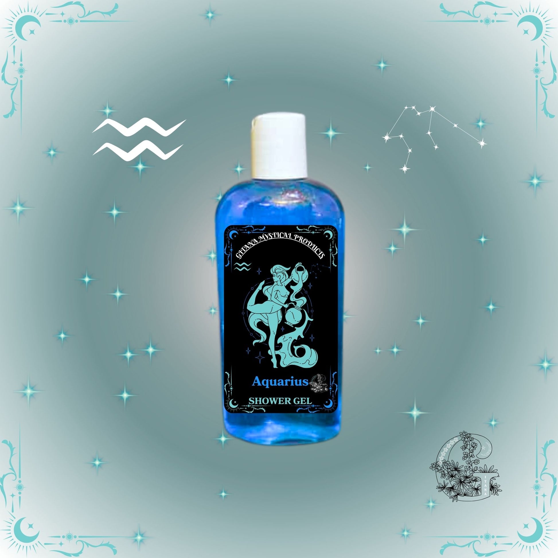 Aquarius Zodiac Shower Gel – innovative and refreshing cleanser with aqua-blue glow symbolizing inspiration.
