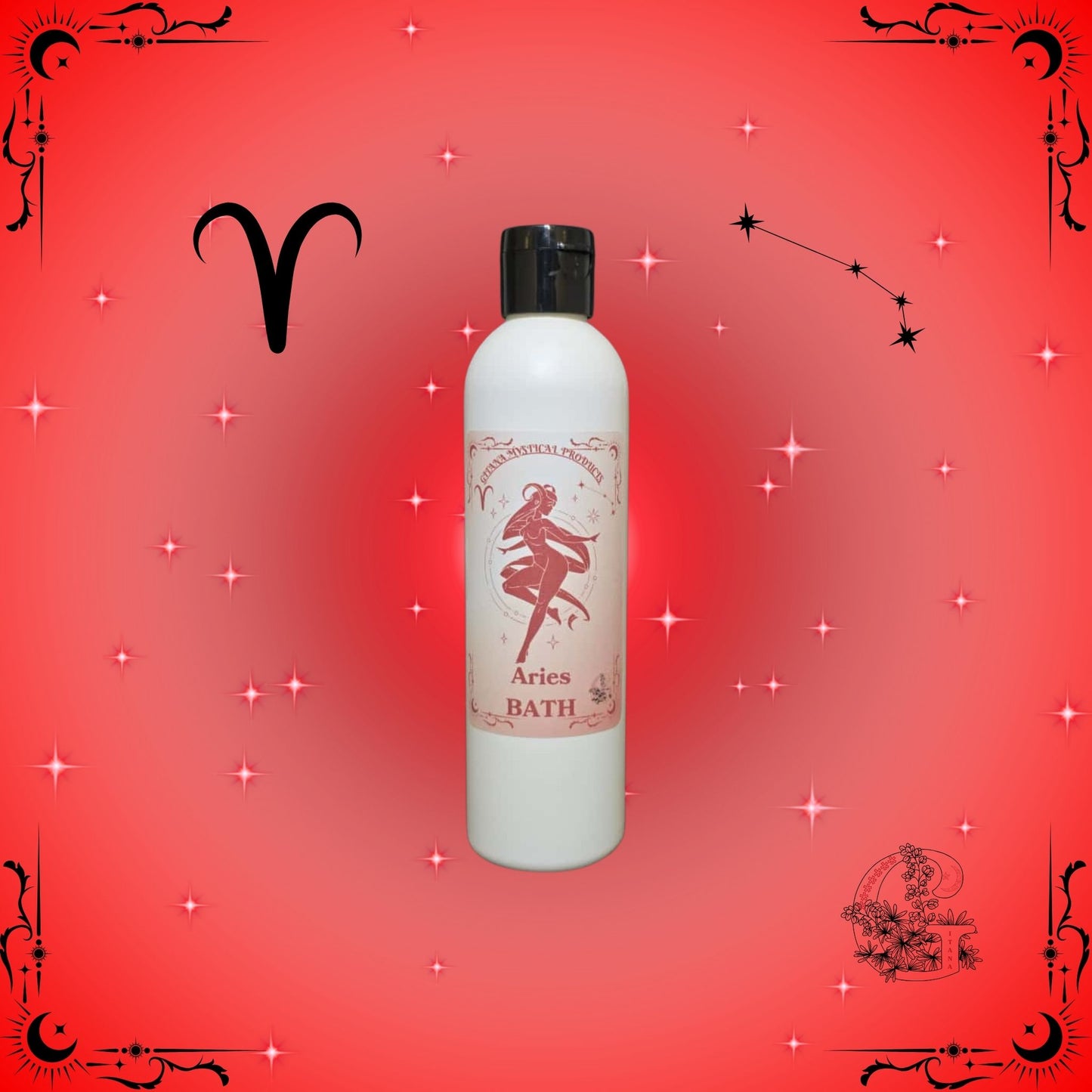 Aries Zodiac Aromatic Bath Soak – energizing handcrafted soak in bold red theme with zodiac symbol.