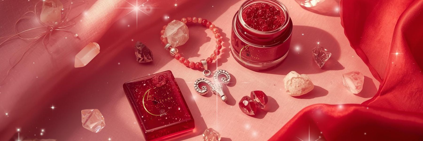Aries Zodiac Collection banner by Gitana Mystical Products – handmade soap, lotion, perfume, and Aries zodiac necklace on a mystical red display.