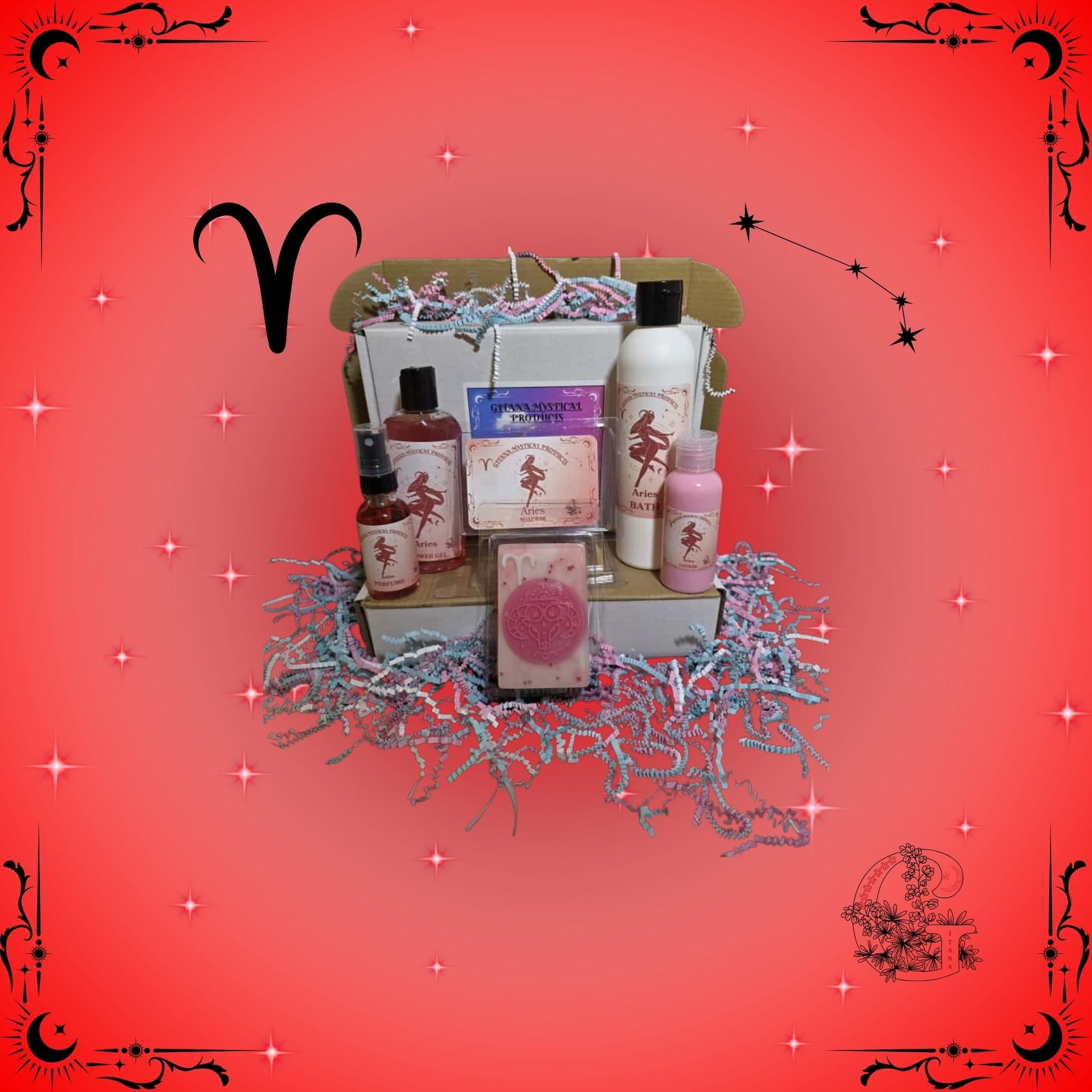 Aries Zodiac Full Gift Set – handcrafted collection featuring bath, soap, lotion, shower gel, and perfume in energizing red tones to inspire confidence and vitality.