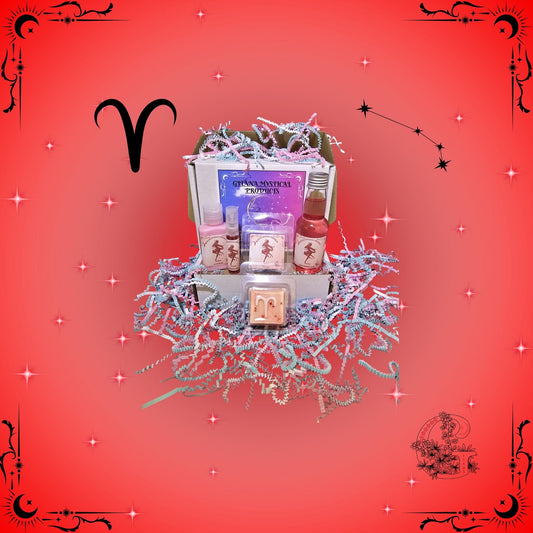 Aries Zodiac Mini Gift Set – handcrafted collection featuring mini bath, soap, lotion, and perfume in energizing red tones.