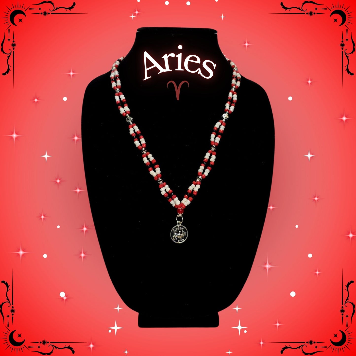 Aries Zodiac Necklace – handcrafted beaded necklace in red tones featuring the Aries symbol, representing strength and confidence.