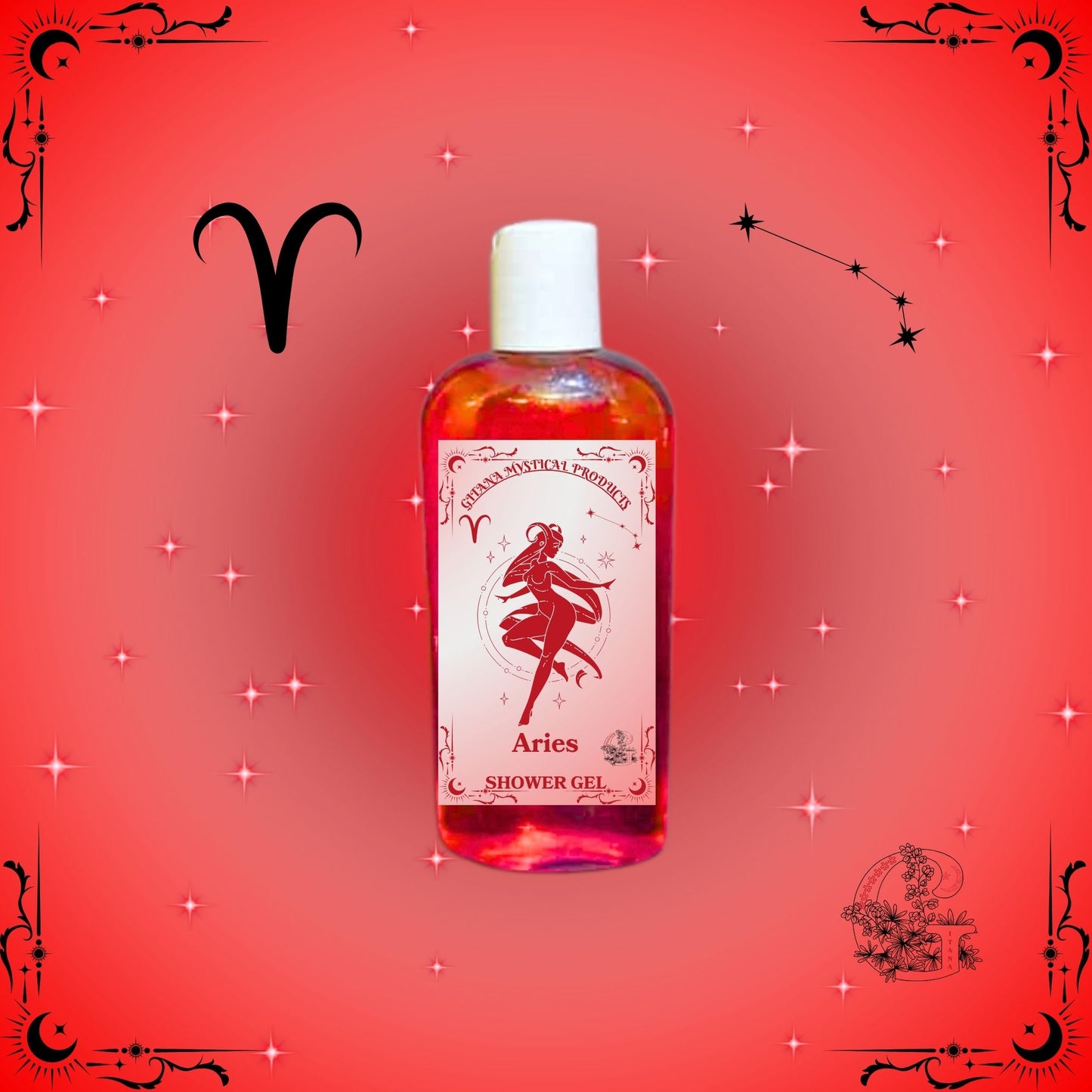 Aries Zodiac Shower Gel – bold and energizing cleanser with bright red tones symbolizing vitality and strength.