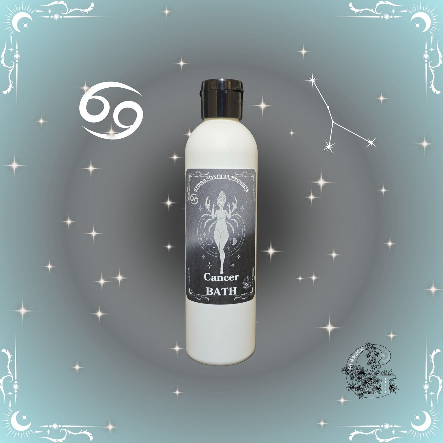 Cancer Zodiac Aromatic Bath Soak – nurturing and calming handcrafted soak with silver-gray background.