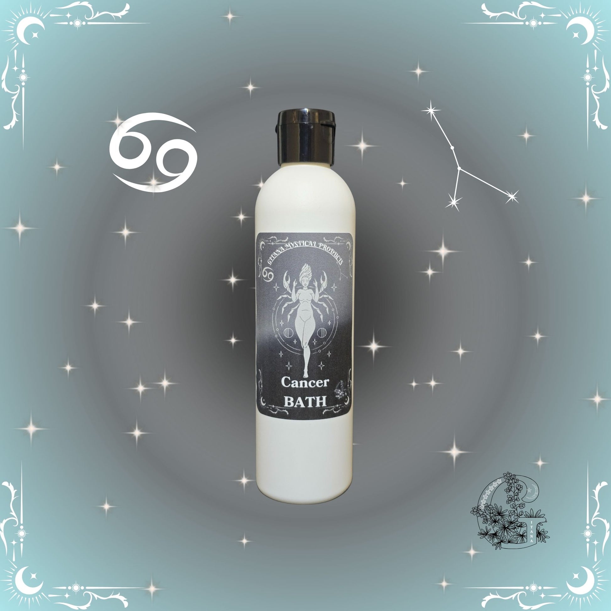 Cancer Zodiac Aromatic Bath Soak – nurturing and calming handcrafted soak with silver-gray background.