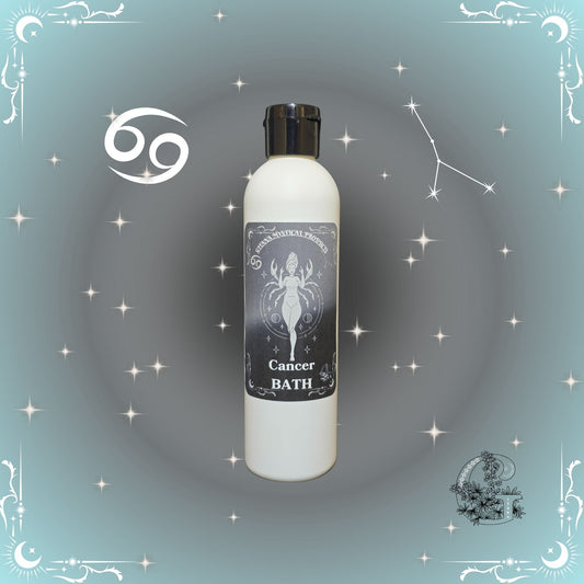 Cancer Zodiac Aromatic Bath Soak – nurturing and calming handcrafted soak with silver-gray background.