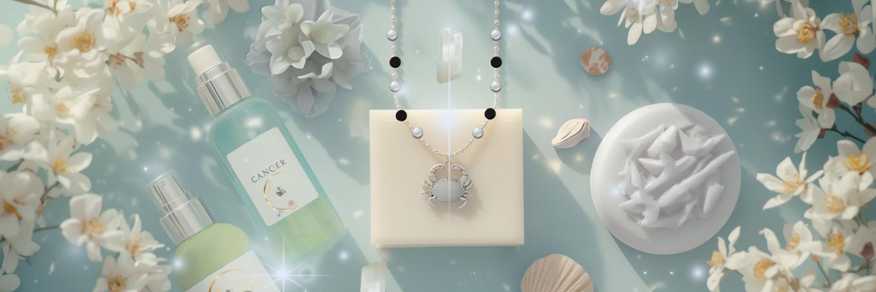 Cancer Zodiac Collection banner by Gitana Mystical Products – blue set with handmade soap, lotion bar, perfume, and Cancer zodiac necklace.