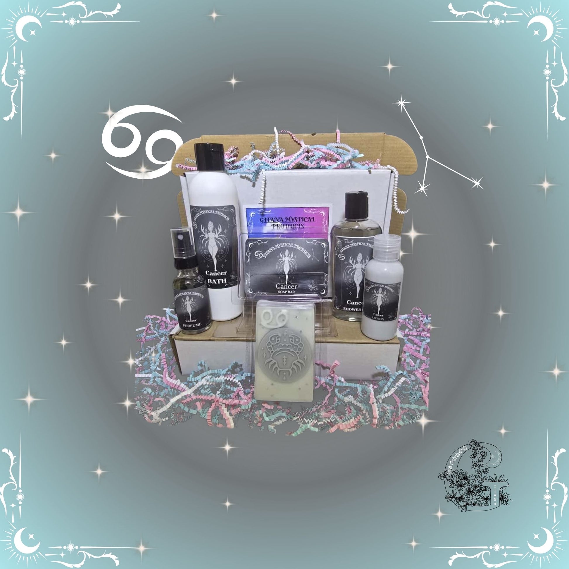 Cancer Zodiac Full Gift Set – nurturing handcrafted collection featuring bath, soap, lotion, shower gel, and perfume in silver-gray tones symbolizing protection and emotional care.