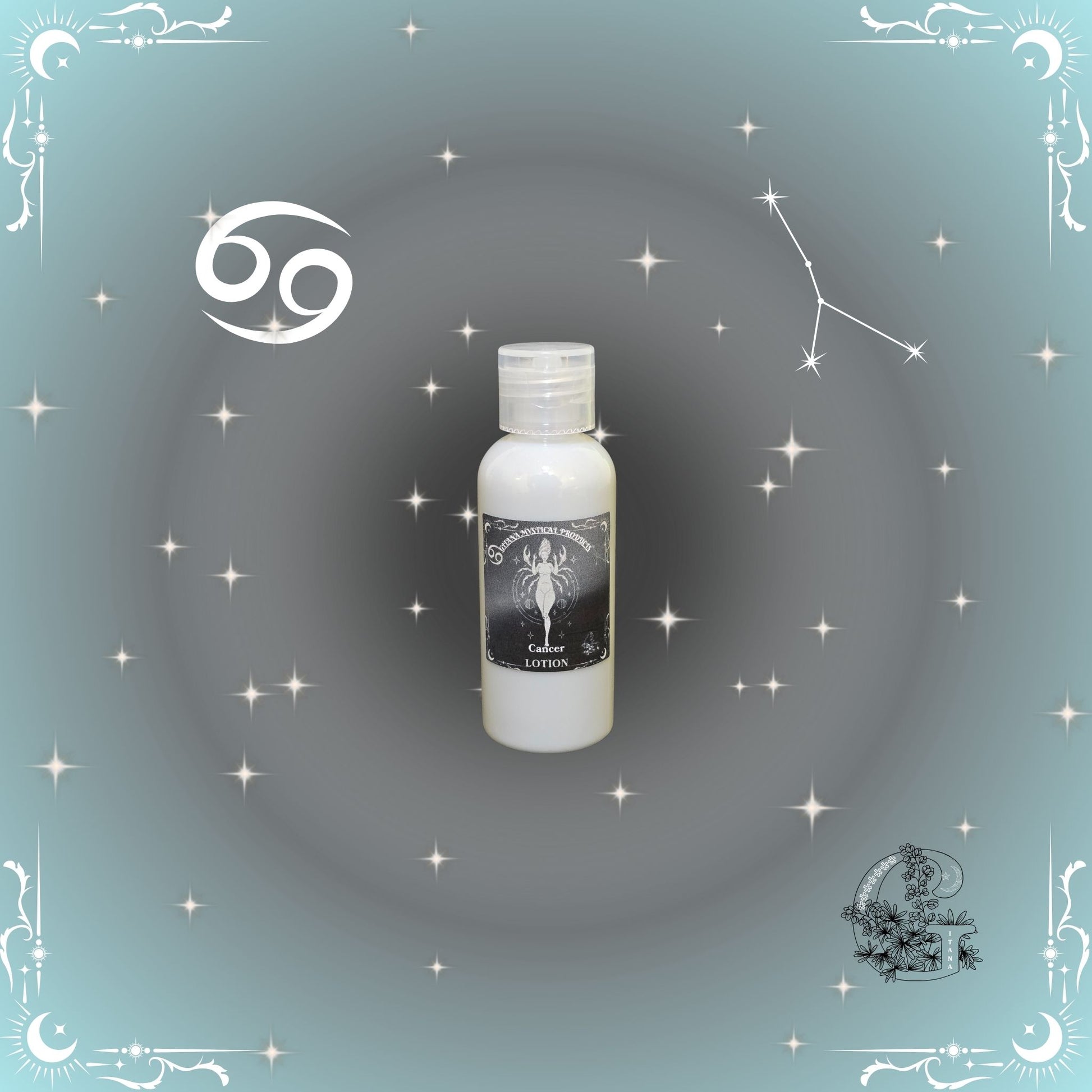 Cancer Zodiac Lotion – nurturing and calming moisturizer in silver-gray tones for gentle hydration.