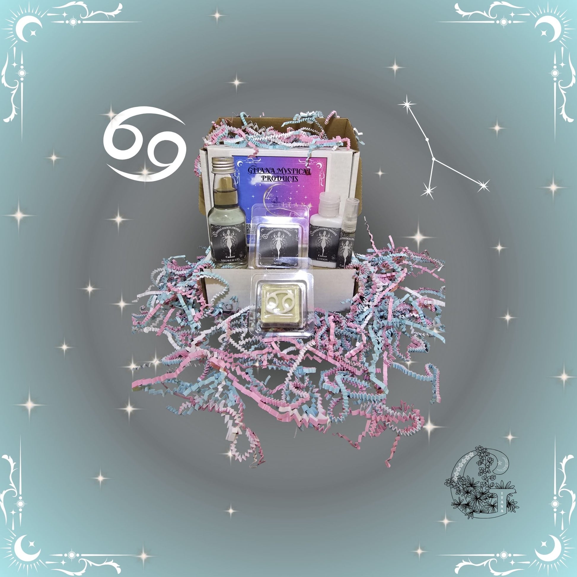 Cancer Zodiac Mini Gift Set – nurturing handcrafted collection featuring mini bath, soap, lotion, and perfume in silver-gray tones for comfort and care.