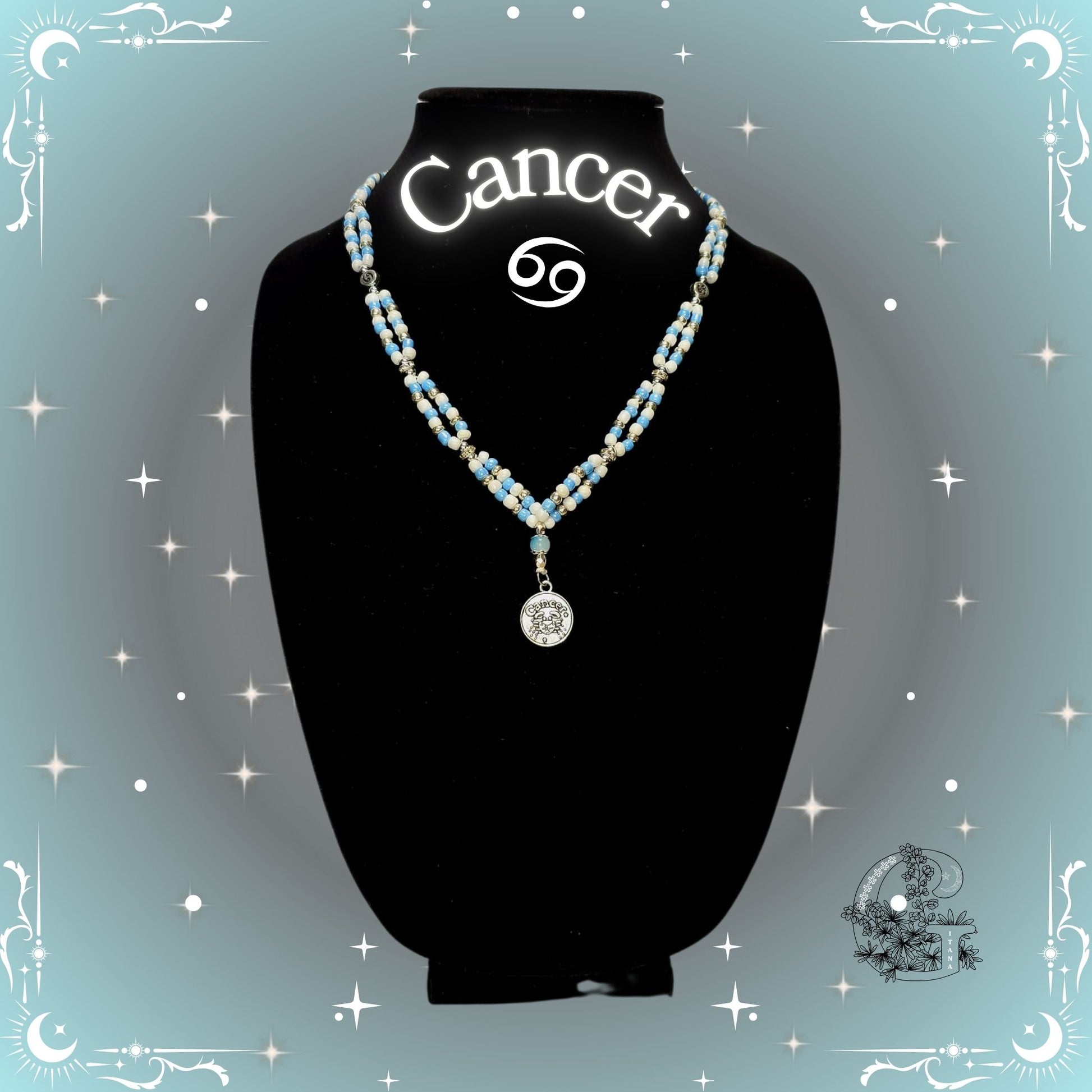 Cancer Zodiac Necklace – handcrafted beaded necklace in silver-gray tones featuring the Cancer symbol, symbolizing intuition and emotional depth.