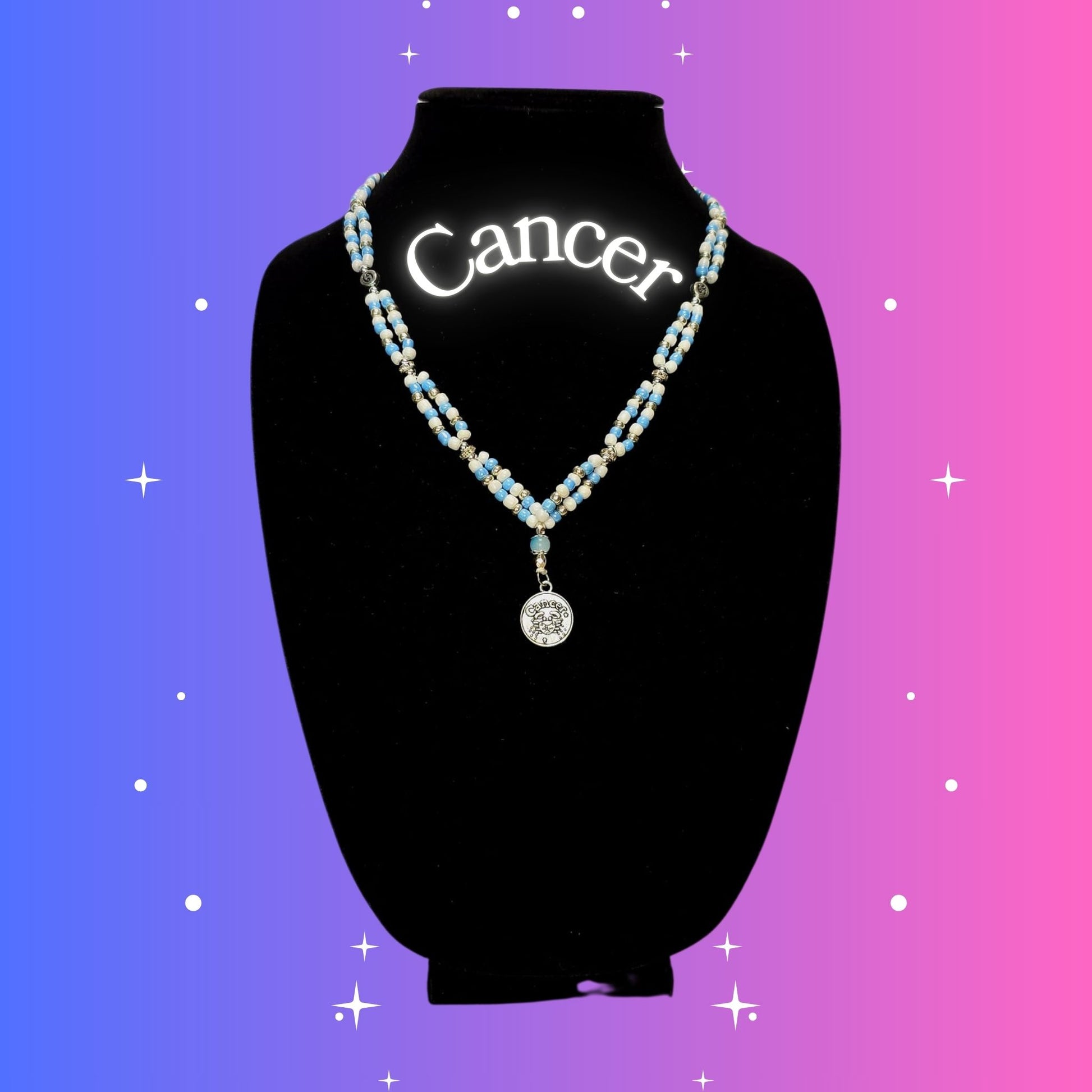 Cancer Zodiac Necklace – handmade blue and white beaded necklace with silver-tone Cancer pendant, crafted by Gitana Mystical Products.
