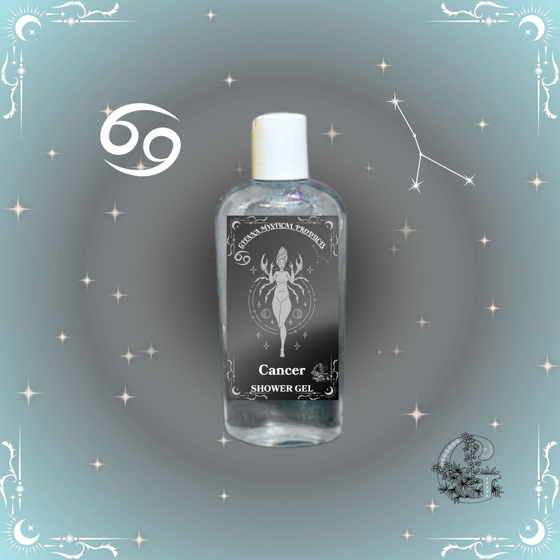 Cancer Zodiac Shower Gel – gentle and nurturing cleanser with silver-gray tones for emotional comfort.