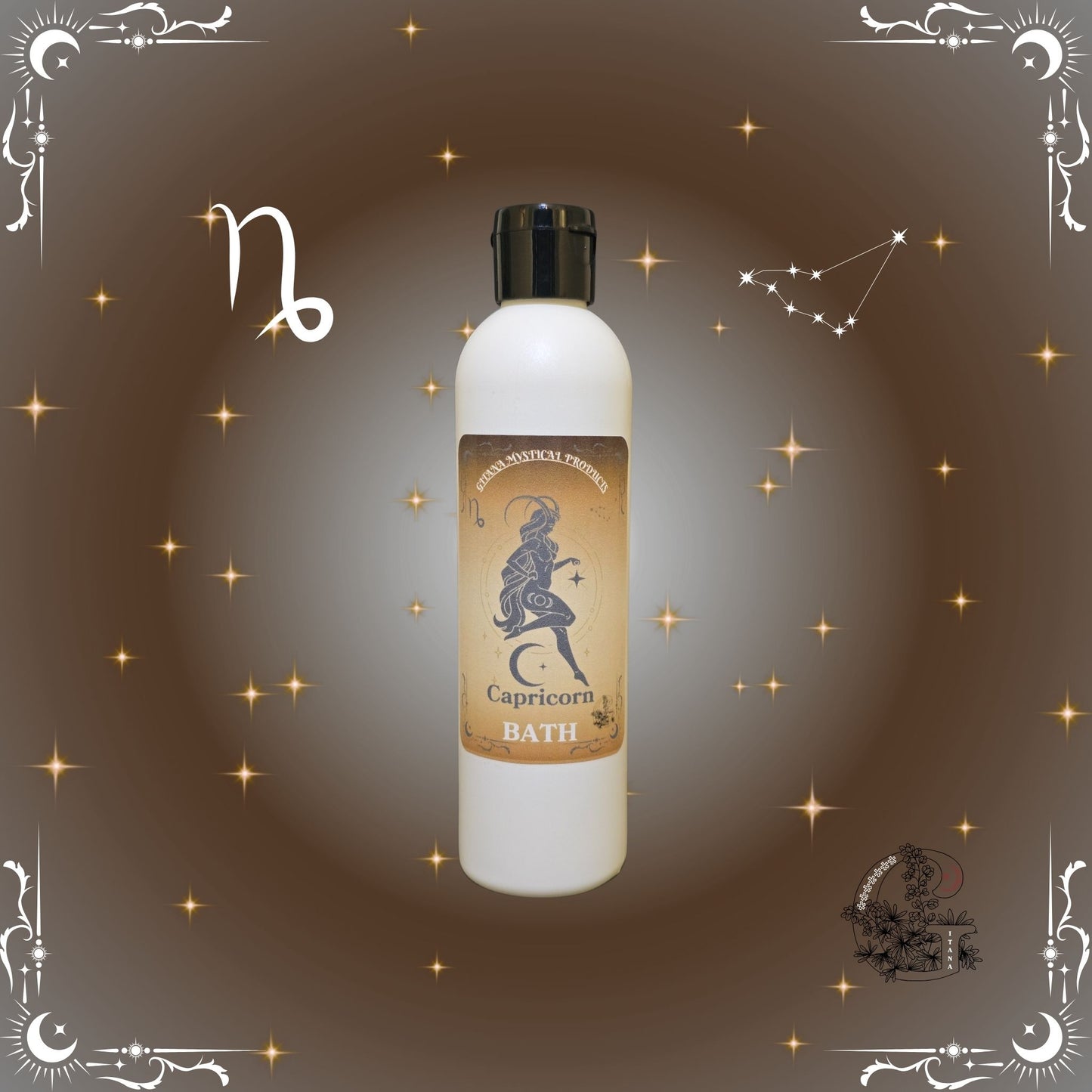 Capricorn Zodiac Aromatic Bath Soak – grounding and structured handcrafted soak with brown and gold tones.