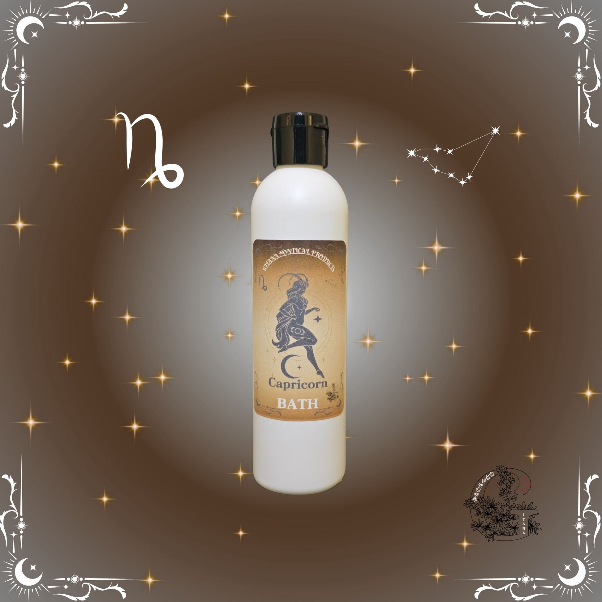 Capricorn Zodiac Aromatic Bath Soak – grounding and structured handcrafted soak with brown and gold tones.