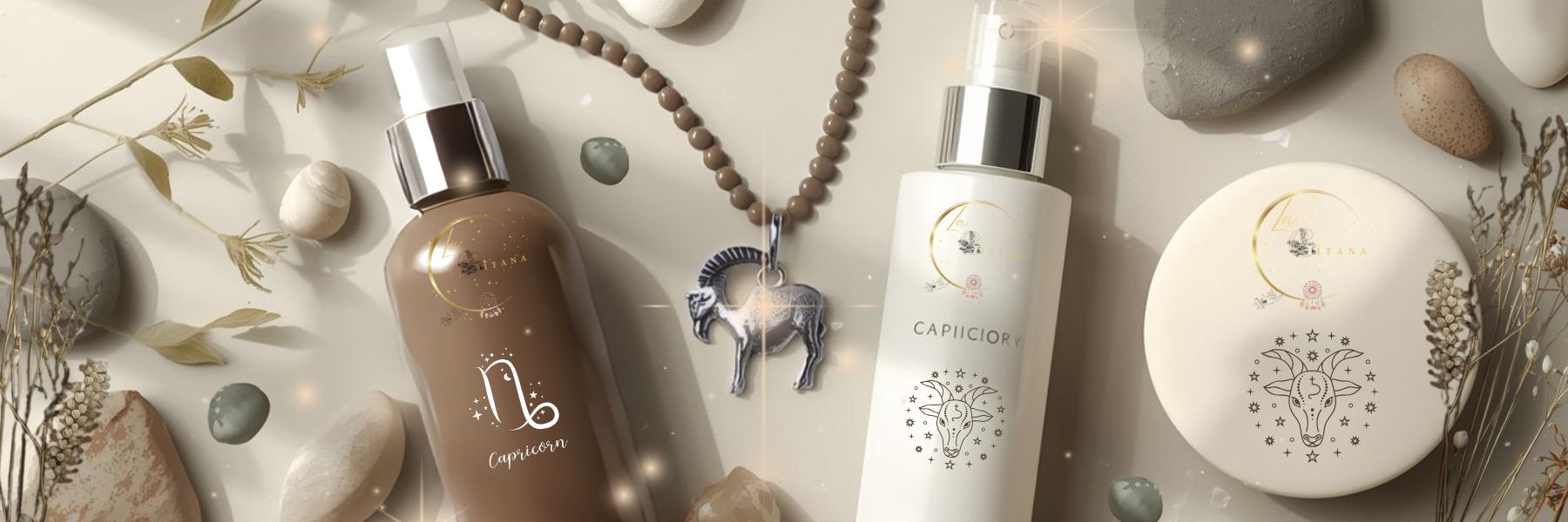 Capricorn Zodiac Collection banner by Gitana Mystical Products – earthy brown set with handmade soap, sprays, lotion, and Capricorn zodiac necklace.