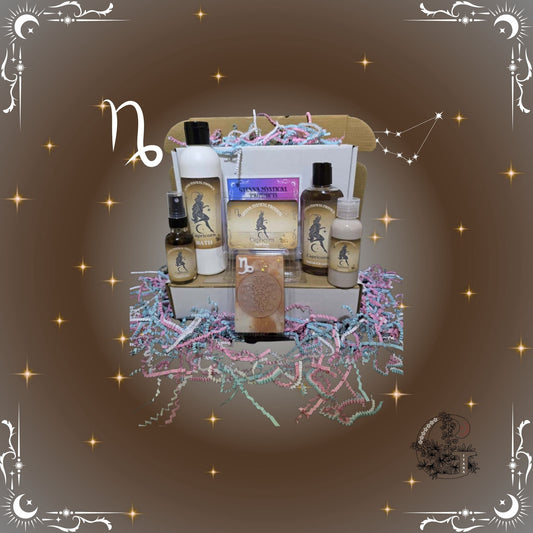 Capricorn Zodiac Full Gift Set – grounding handcrafted collection featuring bath, soap, lotion, shower gel, and perfume in brown and gold tones promoting focus and success.