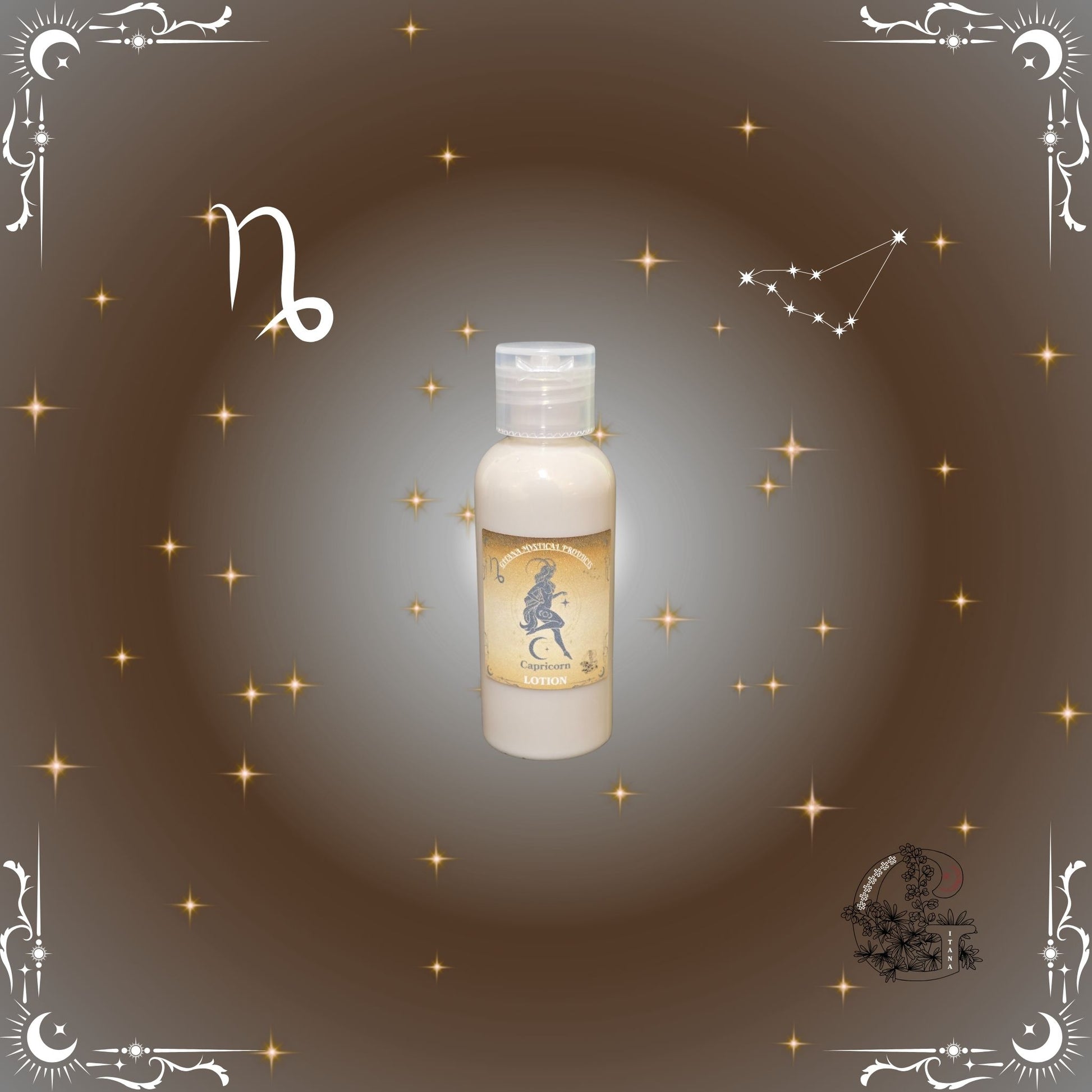 Capricorn Zodiac Lotion – grounding, structured lotion with brown and gold tones for focus and strength.