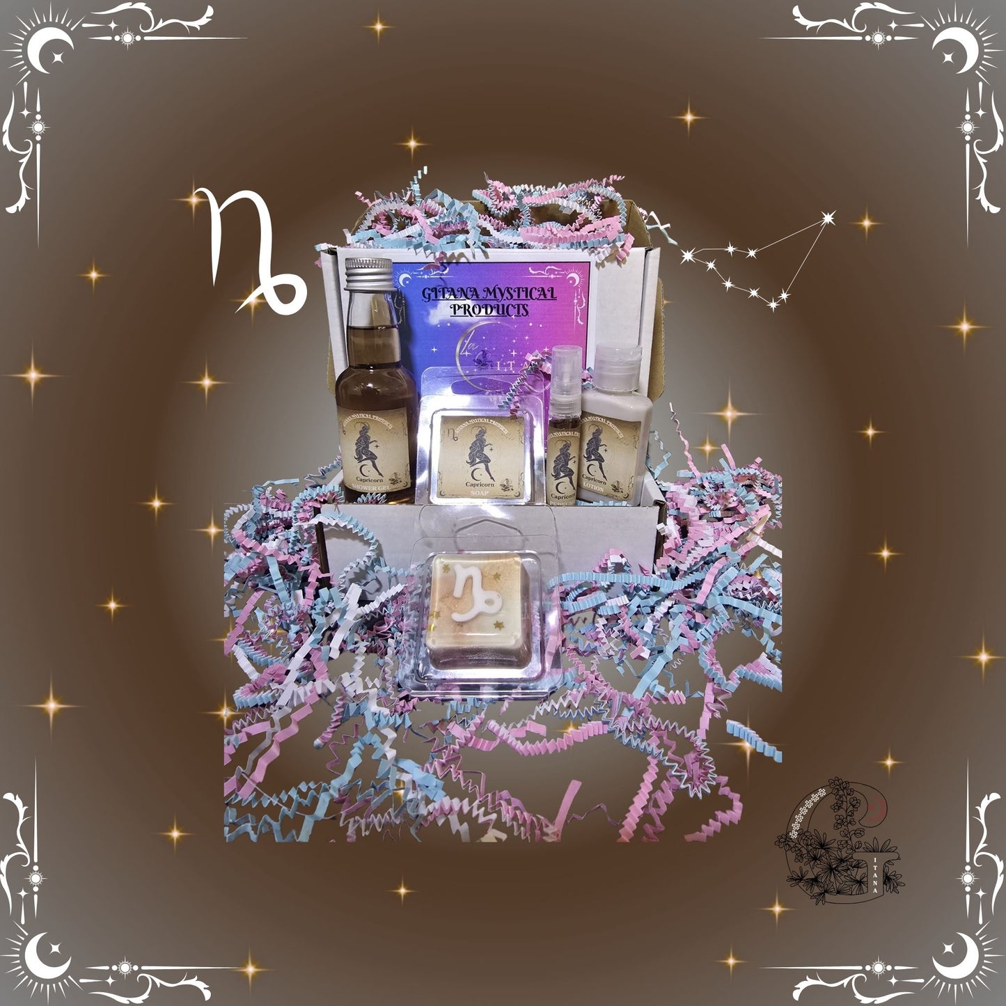Capricorn Zodiac Mini Gift Set – grounding handcrafted collection featuring mini bath, soap, lotion, and perfume in brown and gold tones for focus and success.
