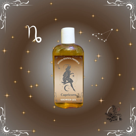 Capricorn Zodiac Shower Gel – grounding and structured cleanser with warm brown and golden hues.