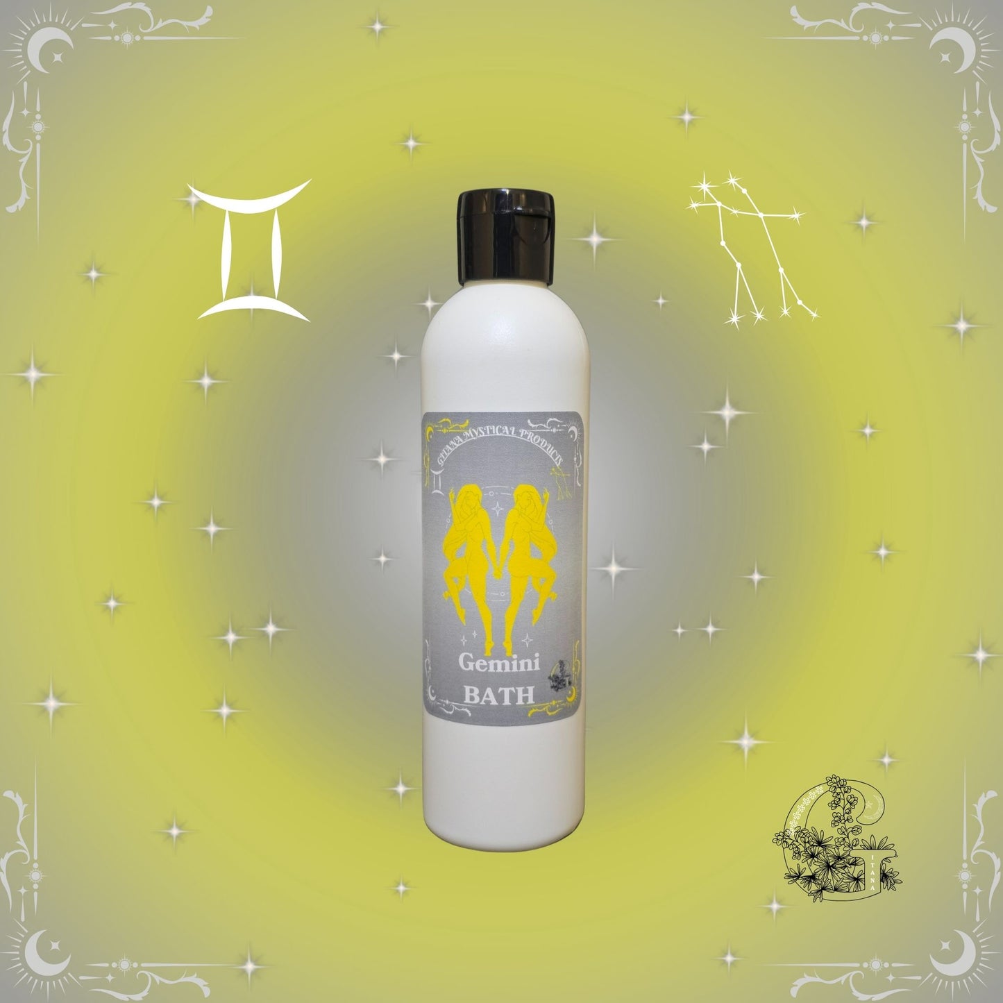 Gemini Zodiac Aromatic Bath Soak – dual-energy handcrafted soak with yellow glow and airy design.