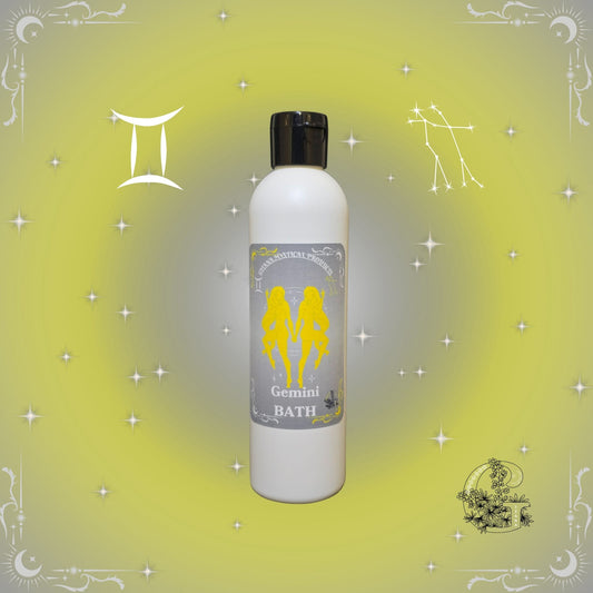 Gemini Zodiac Aromatic Bath Soak – dual-energy handcrafted soak with yellow glow and airy design.