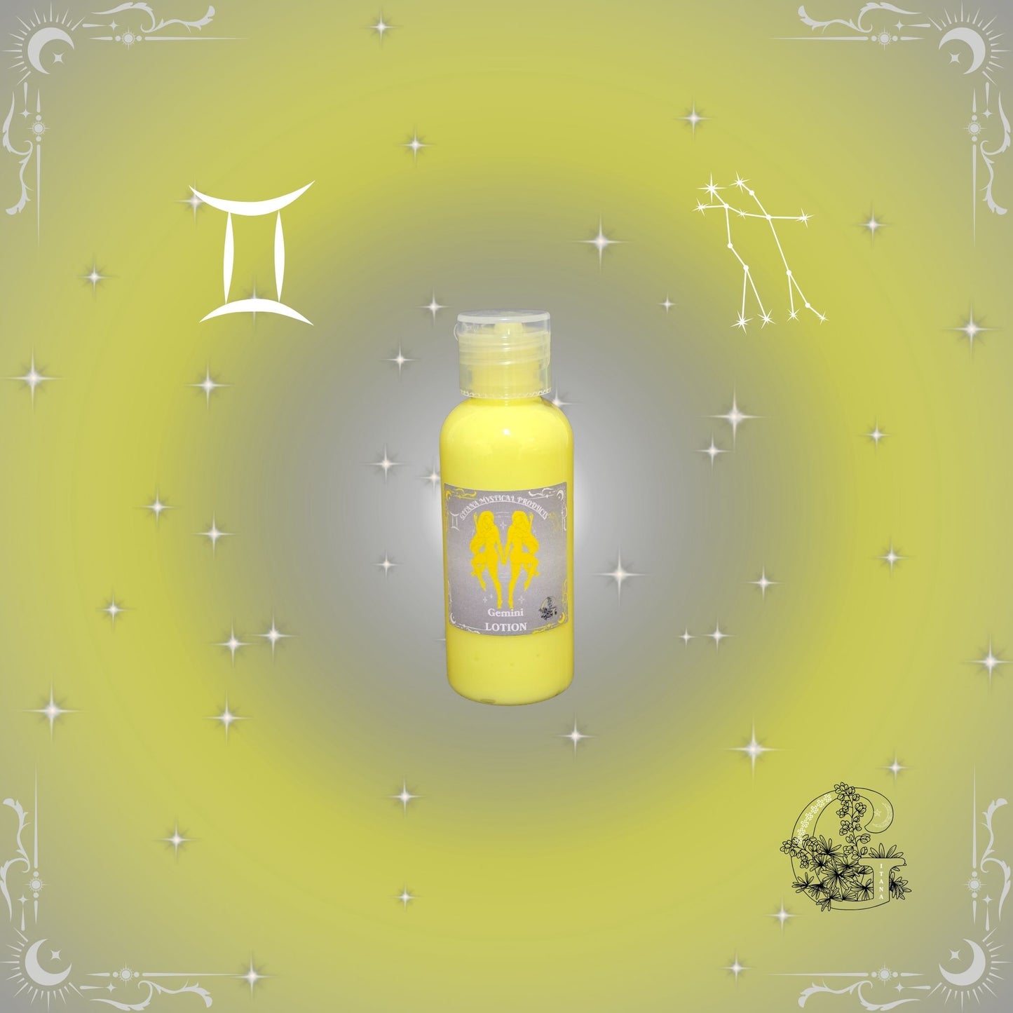 Gemini Zodiac Lotion – bright, lightweight lotion representing dual energy and adaptability in yellow hues.