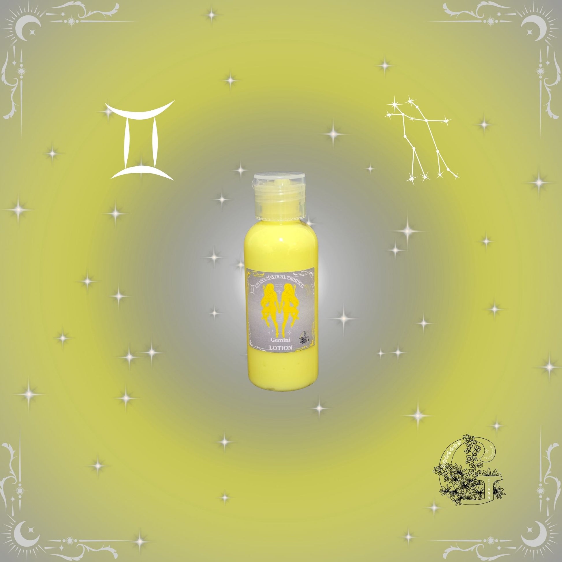 Gemini Zodiac Lotion – bright, lightweight lotion representing dual energy and adaptability in yellow hues.