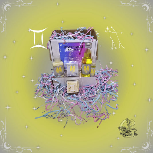 Gemini Zodiac Mini Gift Set – bright and versatile collection featuring mini bath, soap, lotion, and perfume in yellow glow.