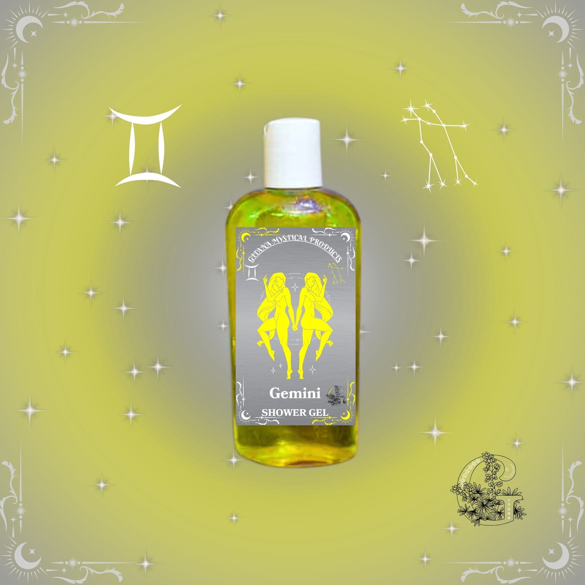 Gemini Zodiac Shower Gel – refreshing dual-energy cleanser in yellow glow design symbolizing adaptability.