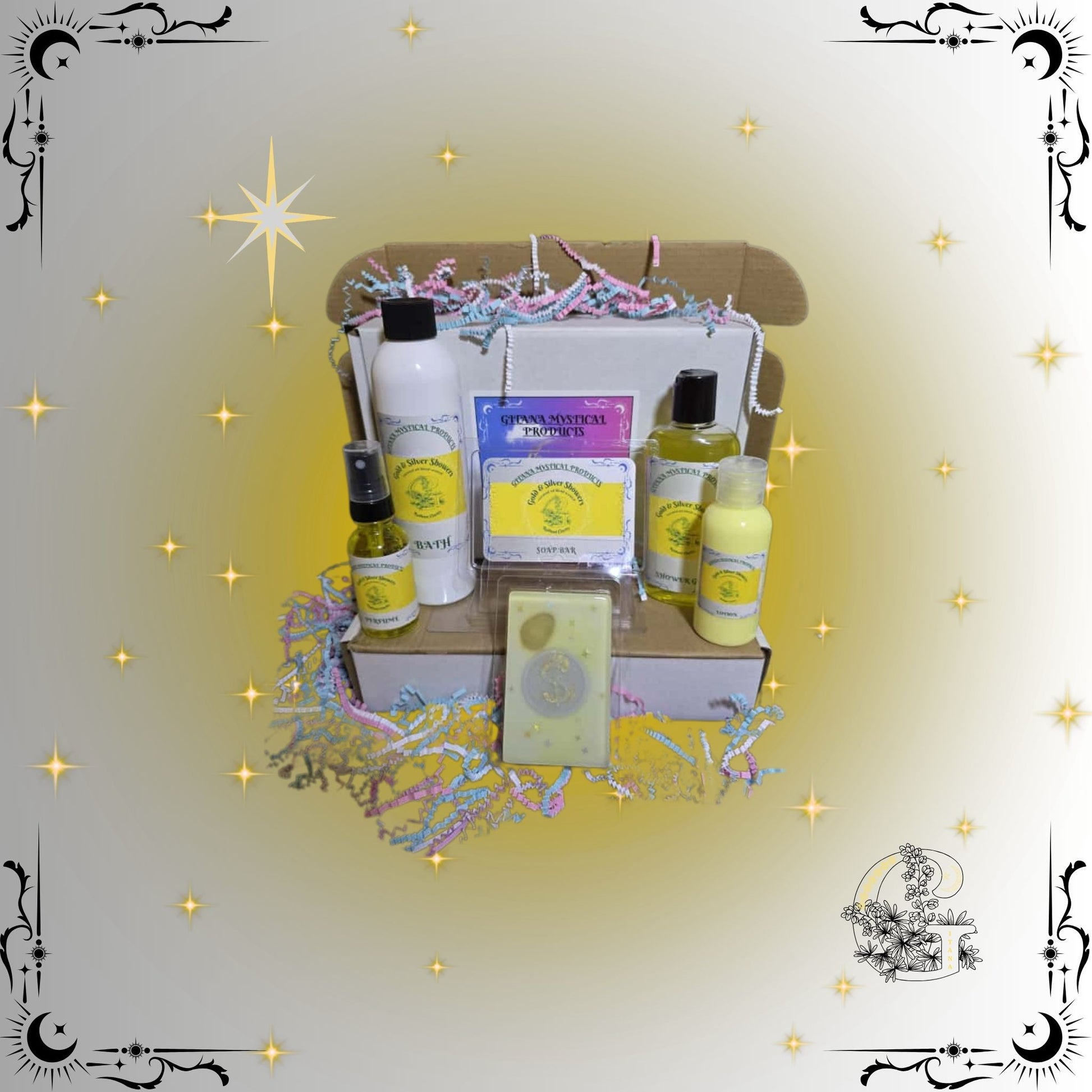 Gold & Silver Full Gift Set – radiant handcrafted collection featuring bath, soap, lotion, shower gel, and perfume blending golden warmth and silver brightness for balance and renewal.