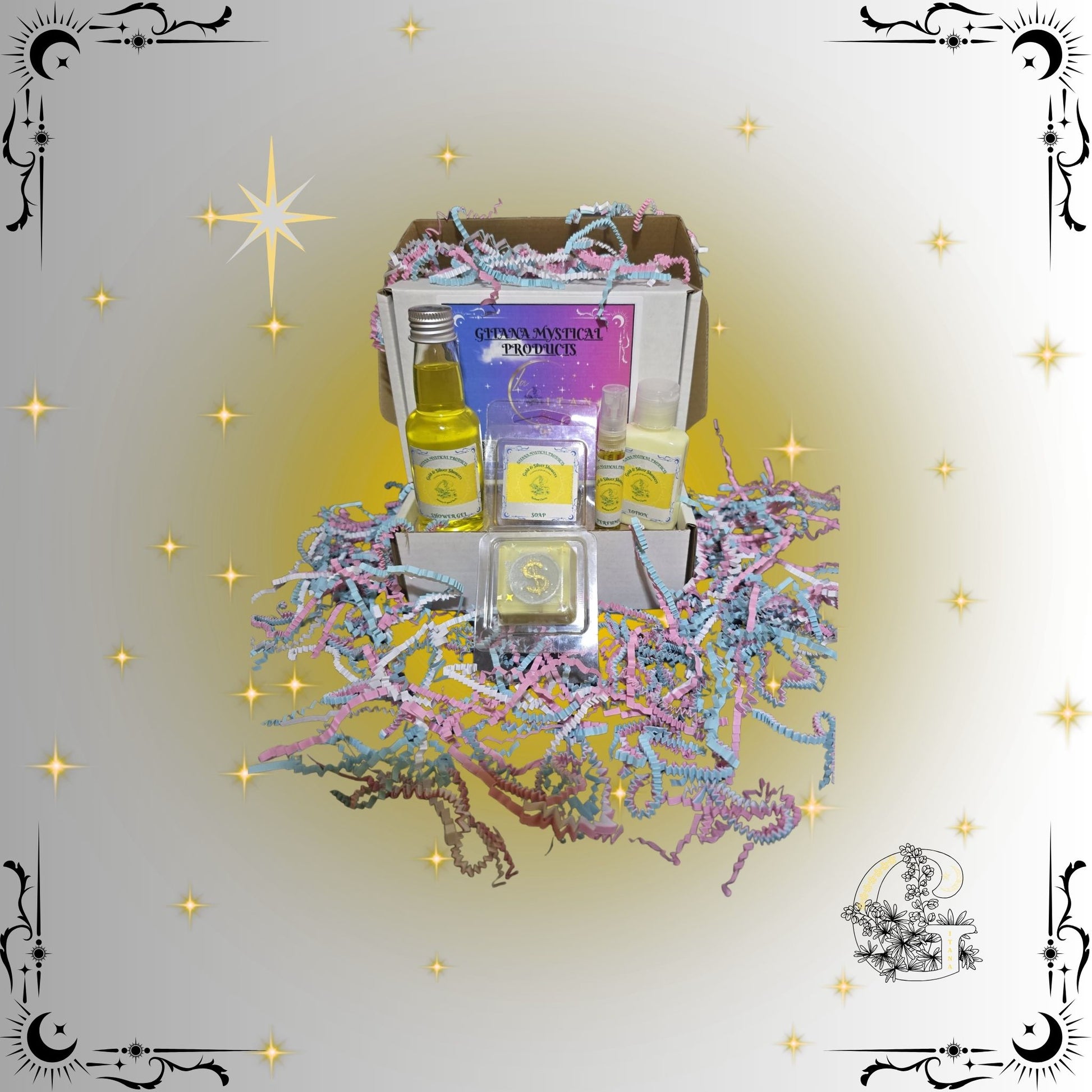 Gold & Silver Mini Gift Set – radiant handcrafted collection featuring mini bath, soap, lotion, and perfume blending golden warmth and silver brightness for balance and renewal.