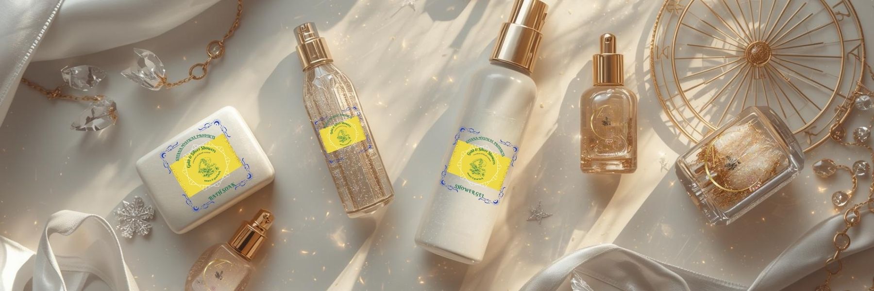 Gold & Silver Collection banner by Gitana Mystical Products – radiant golden display with handmade soap, lotion, perfume, and sprays.