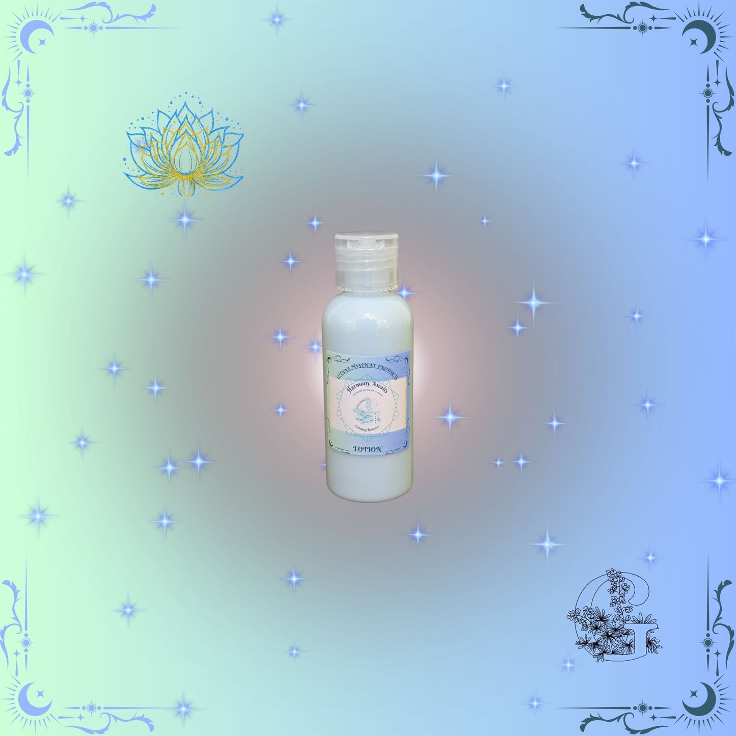 Harmony Awaits Lotion – calming, silky moisturizer promoting peace and balance with a soft blue finish.