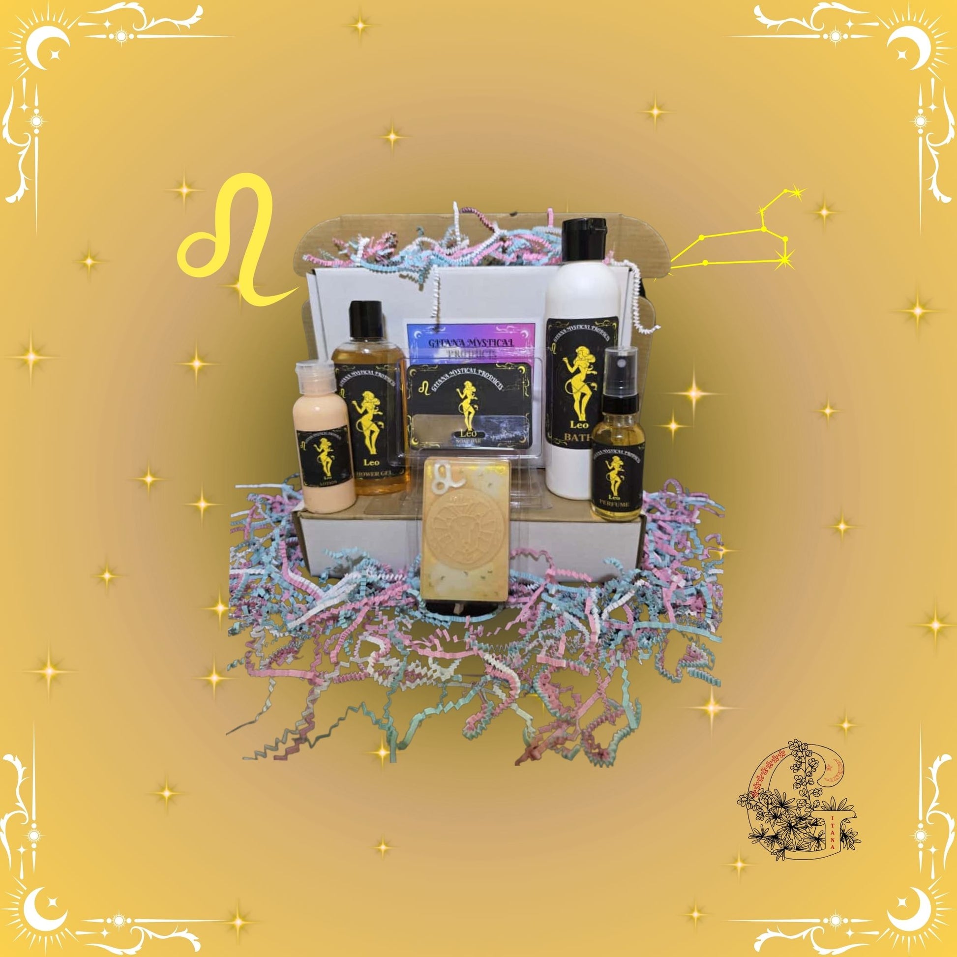 Leo Zodiac Full Gift Set – radiant handcrafted collection featuring bath, soap, lotion, shower gel, and perfume in golden hues representing confidence, warmth, and vitality.
