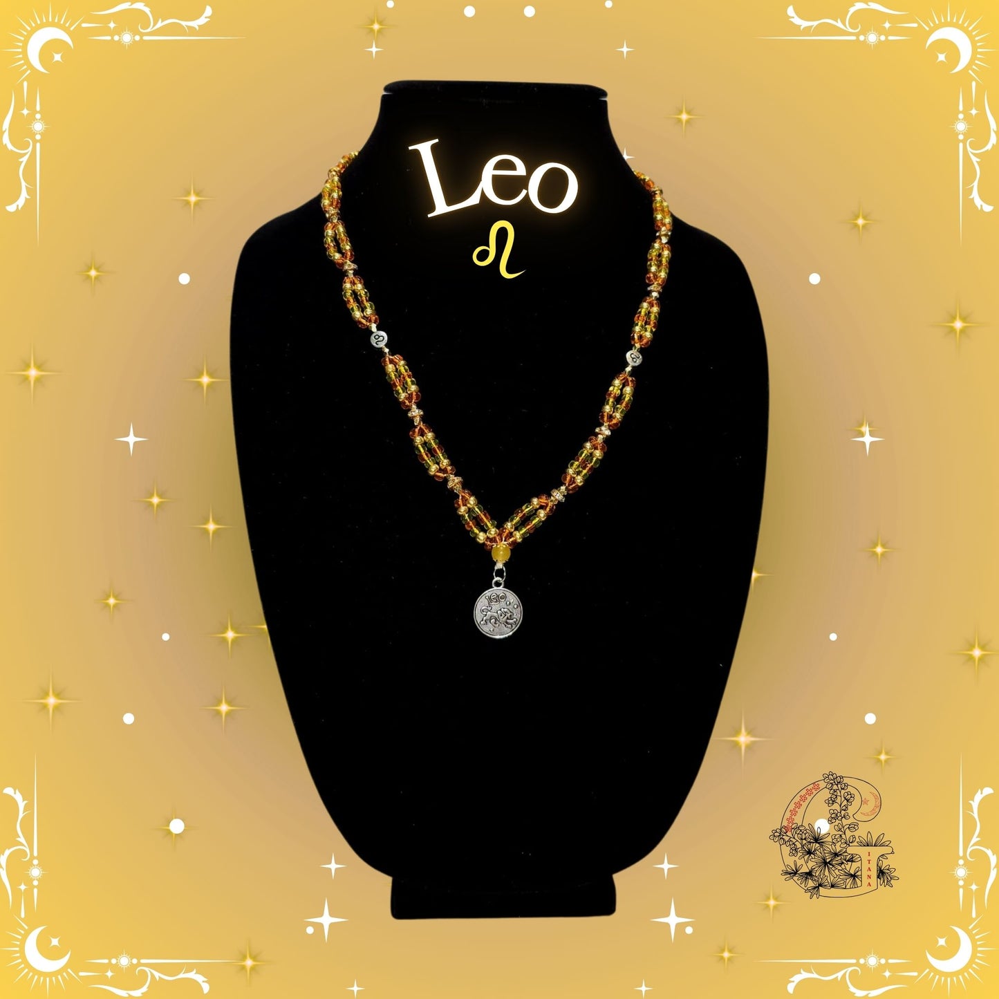Leo Zodiac Necklace – handcrafted beaded necklace in golden hues with the Leo symbol, representing passion, confidence, and warmth.