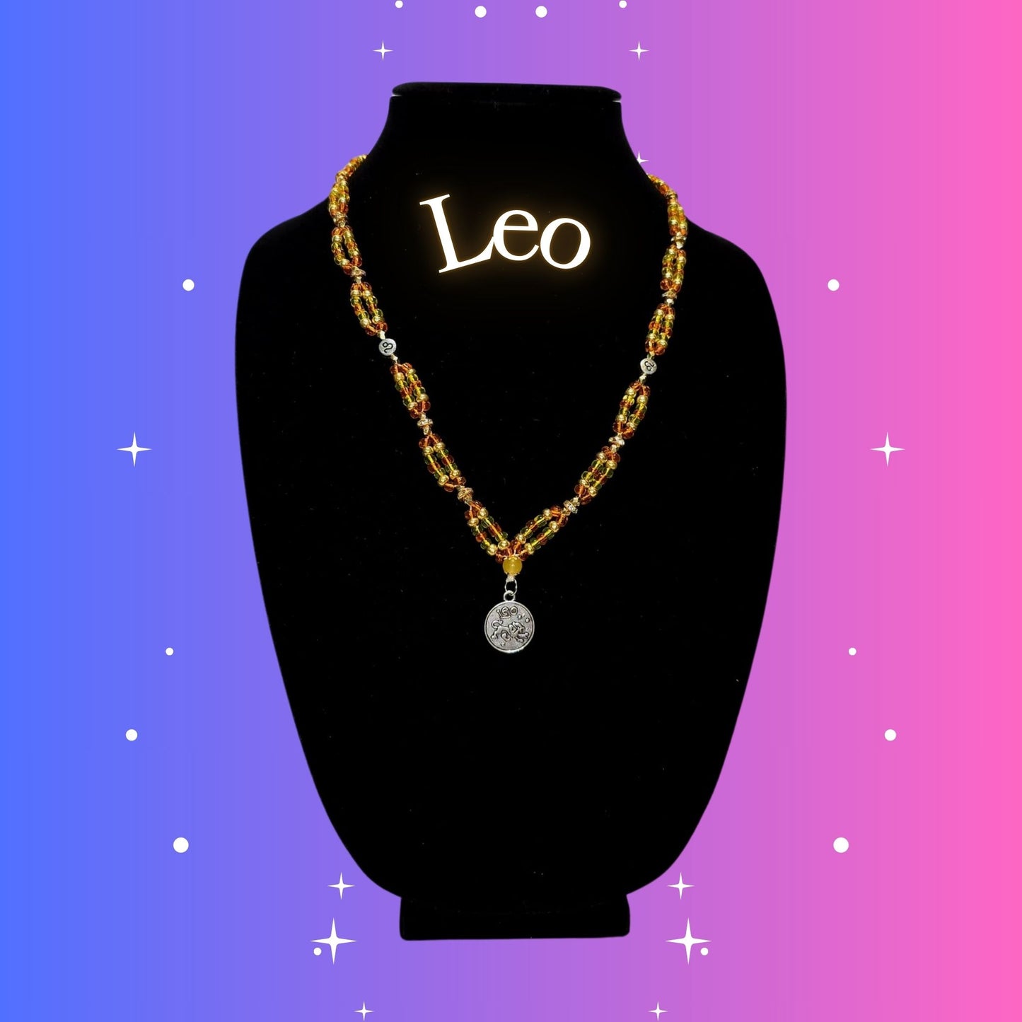 Leo Zodiac Necklace – handmade gold and orange beaded necklace with silver-tone Leo pendant, crafted by Gitana Mystical Products.