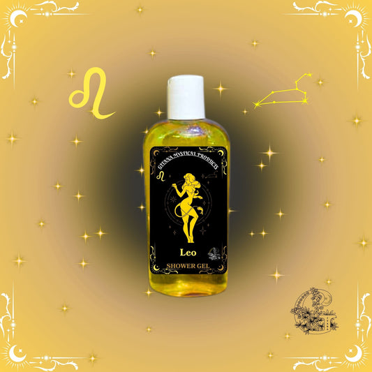 Leo Zodiac Shower Gel – radiant and confident cleanser in golden hues representing warmth and vitality.