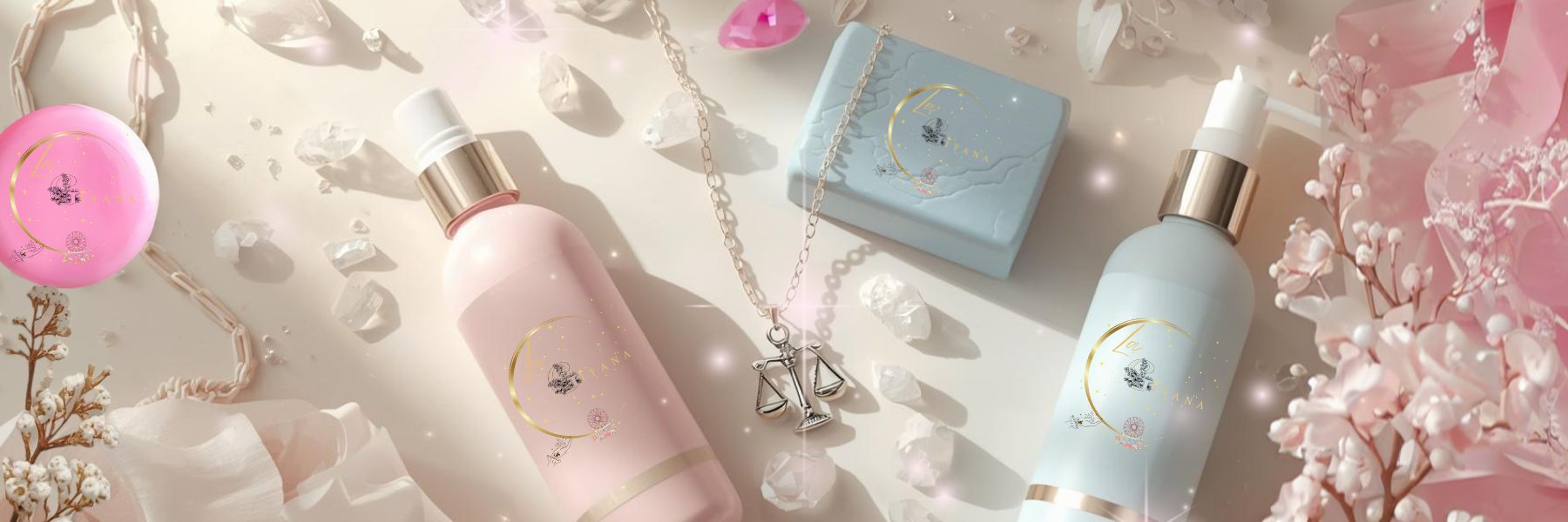Libra Zodiac Collection banner by Gitana Mystical Products – pastel set with handmade soap, lotion, spray, and Libra zodiac necklace.