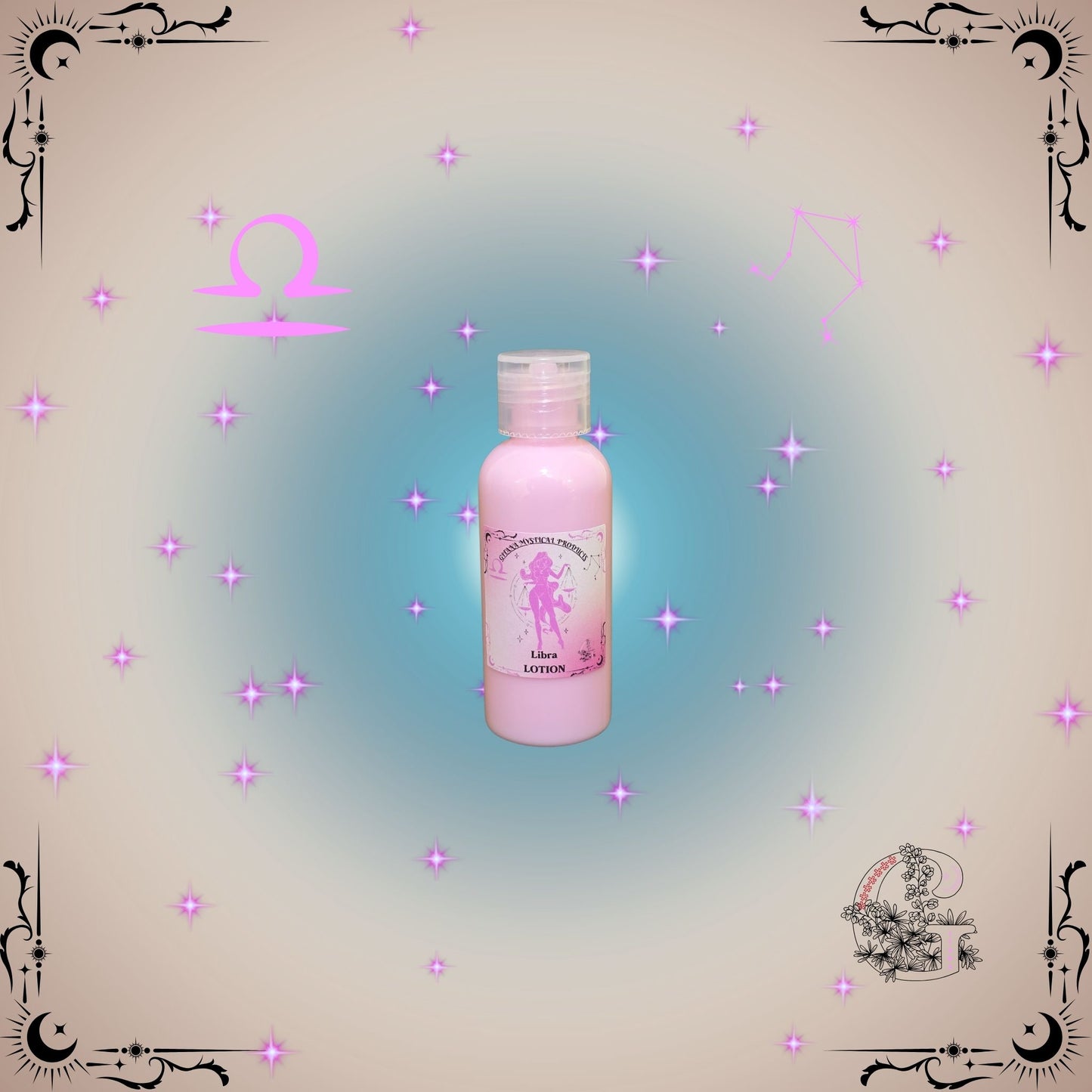 Libra Zodiac Lotion – harmonious, silky lotion in pink-beige tones promoting balance and elegance.