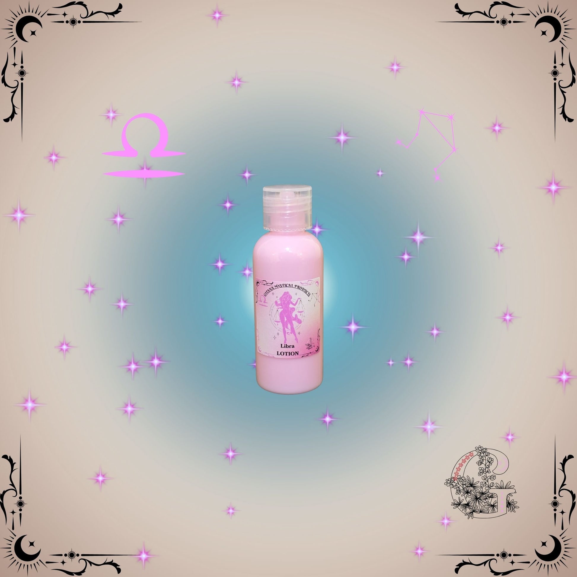 Libra Zodiac Lotion – harmonious, silky lotion in pink-beige tones promoting balance and elegance.