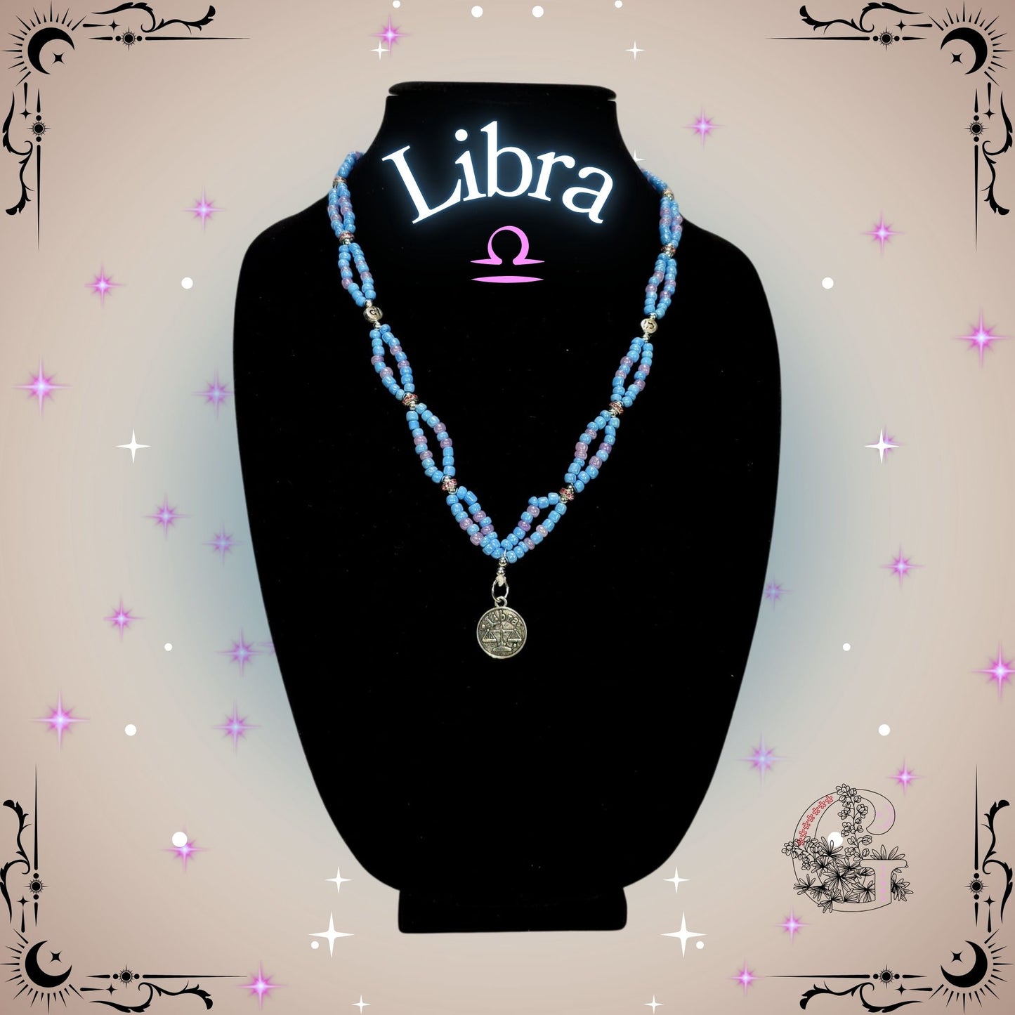 Libra Zodiac Necklace – handcrafted beaded necklace in pink-beige tones featuring the Libra symbol, representing harmony and elegance.