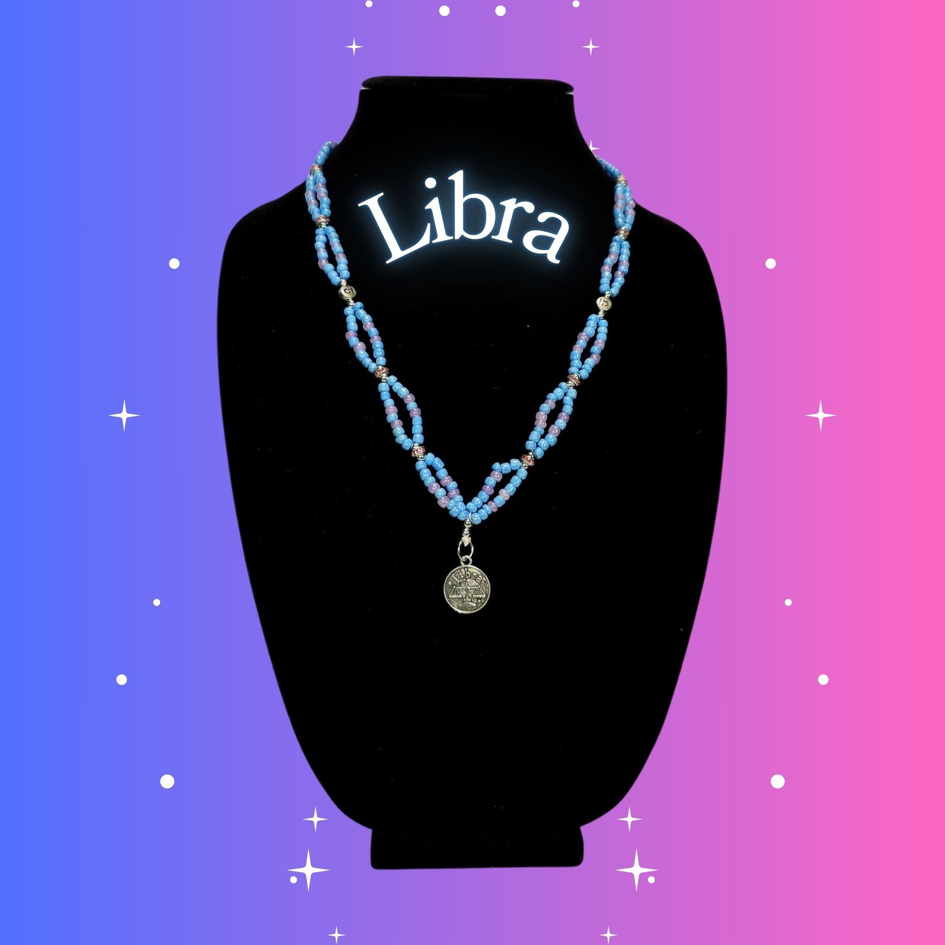 Libra Zodiac Necklace – handmade pink and blue beaded necklace with silver-tone Libra pendant, crafted by Gitana Mystical Products.