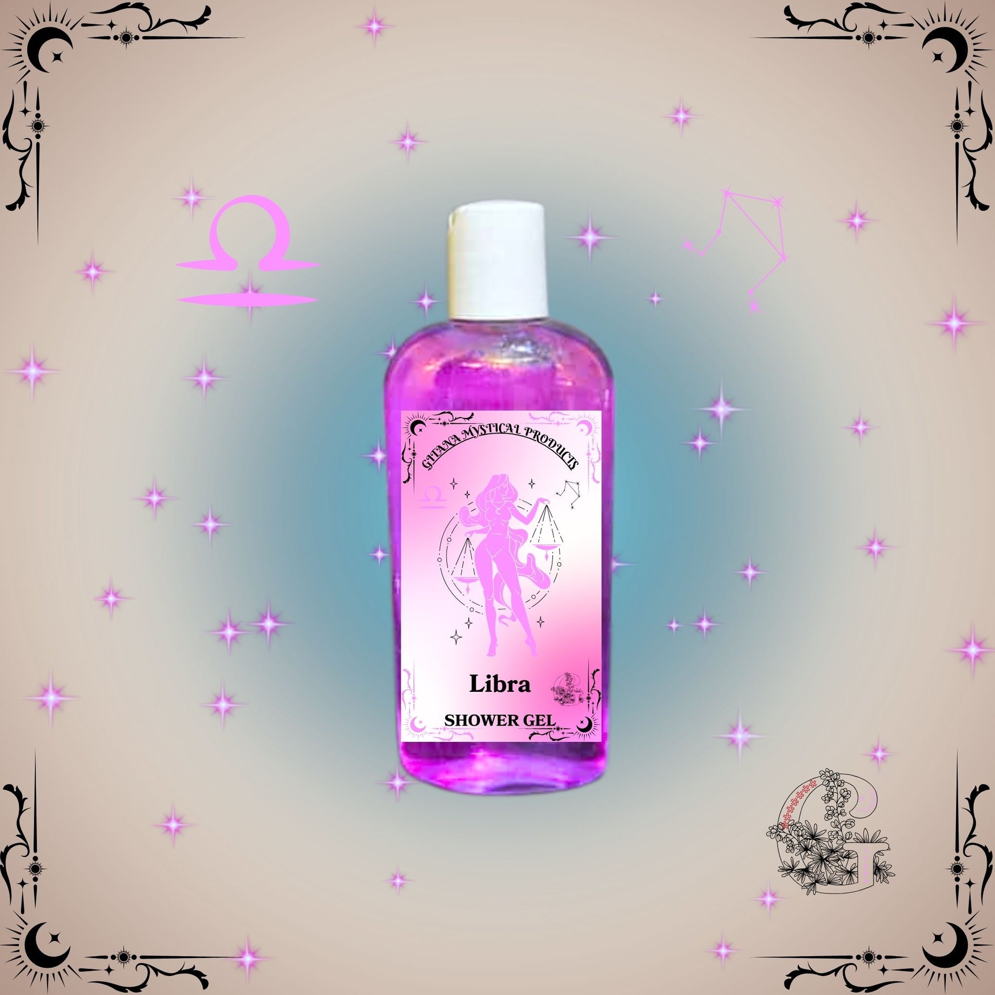 Libra Zodiac Shower Gel – harmonious and elegant cleanser in pink and beige tones promoting balance and peace.